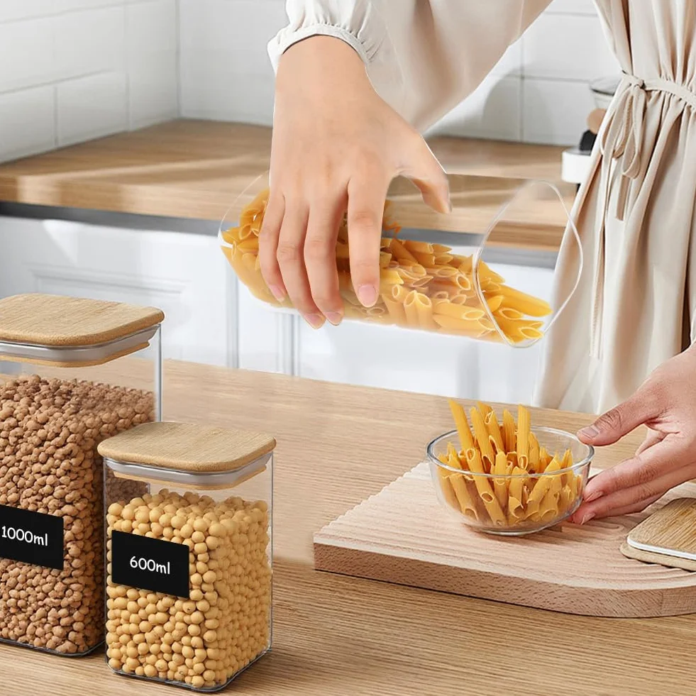 Przezroczysty,6 szt 1000 ml/600ml hermetyczny pojemnik do przechowywania żywności,pojemników do przechowywania spiżarni kuchennej z bambusowymi pokrywkami z naklejką,kwadratowe szklane słoiki na