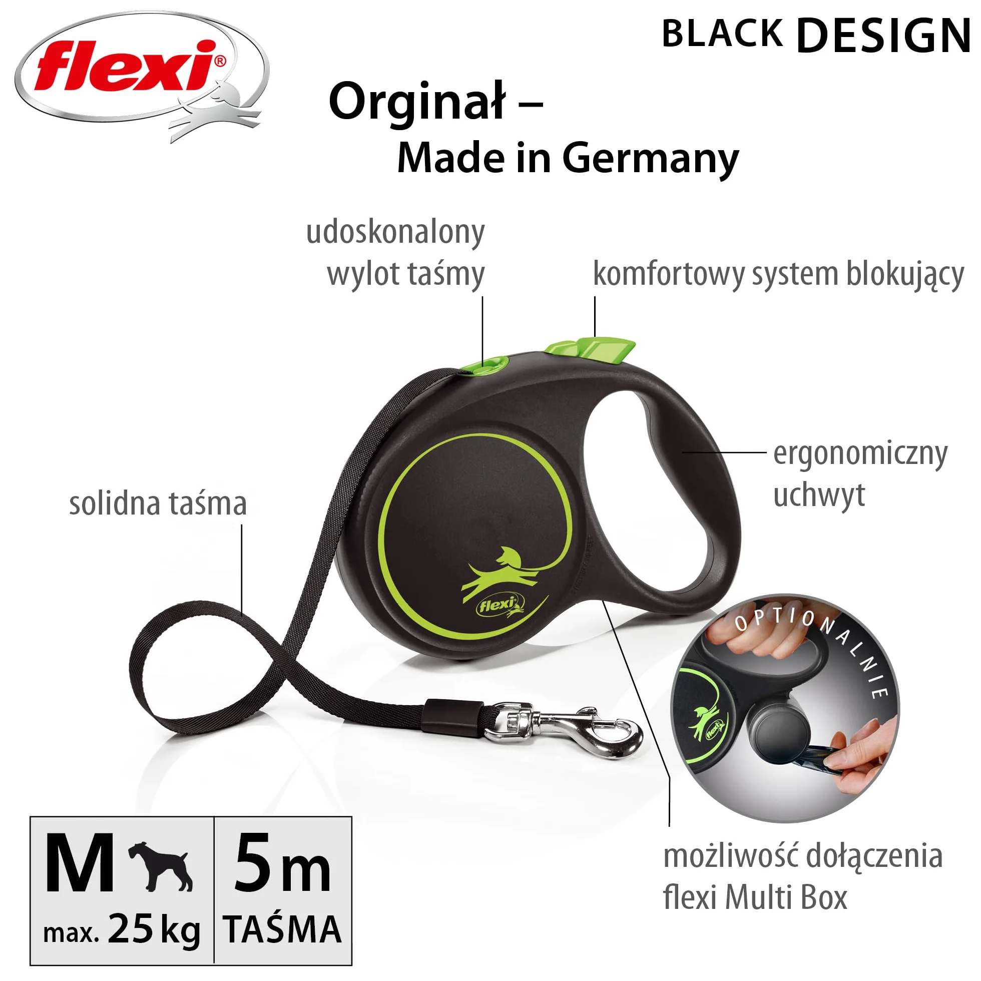 Flexi smycz automatyczna taśma M 5m zielona