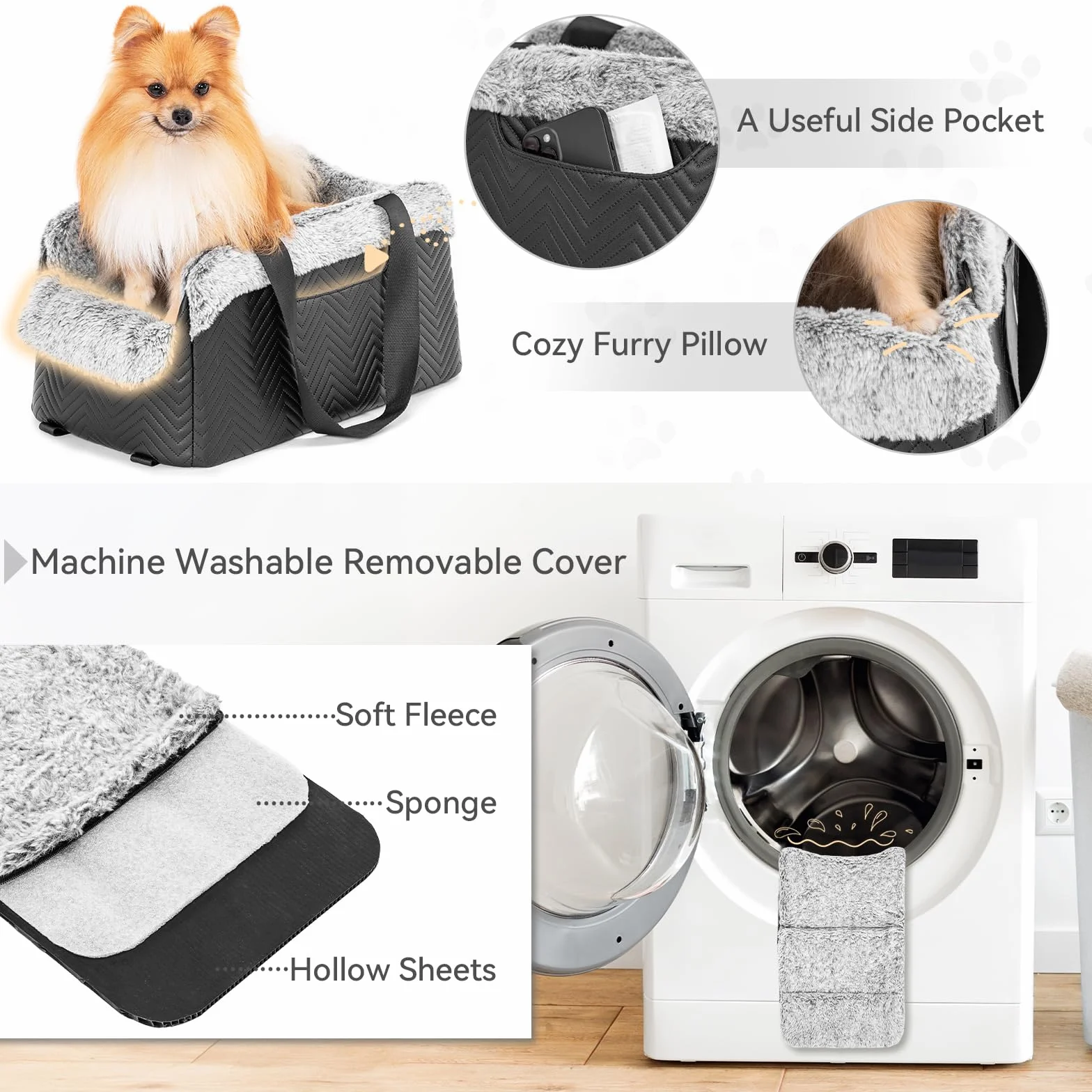 PETSFIT Siedzisko dla psa na konsolę środkową, fotelik samochodowy dla małych psów, z pasami bezpieczeństwa, gruba poduszka