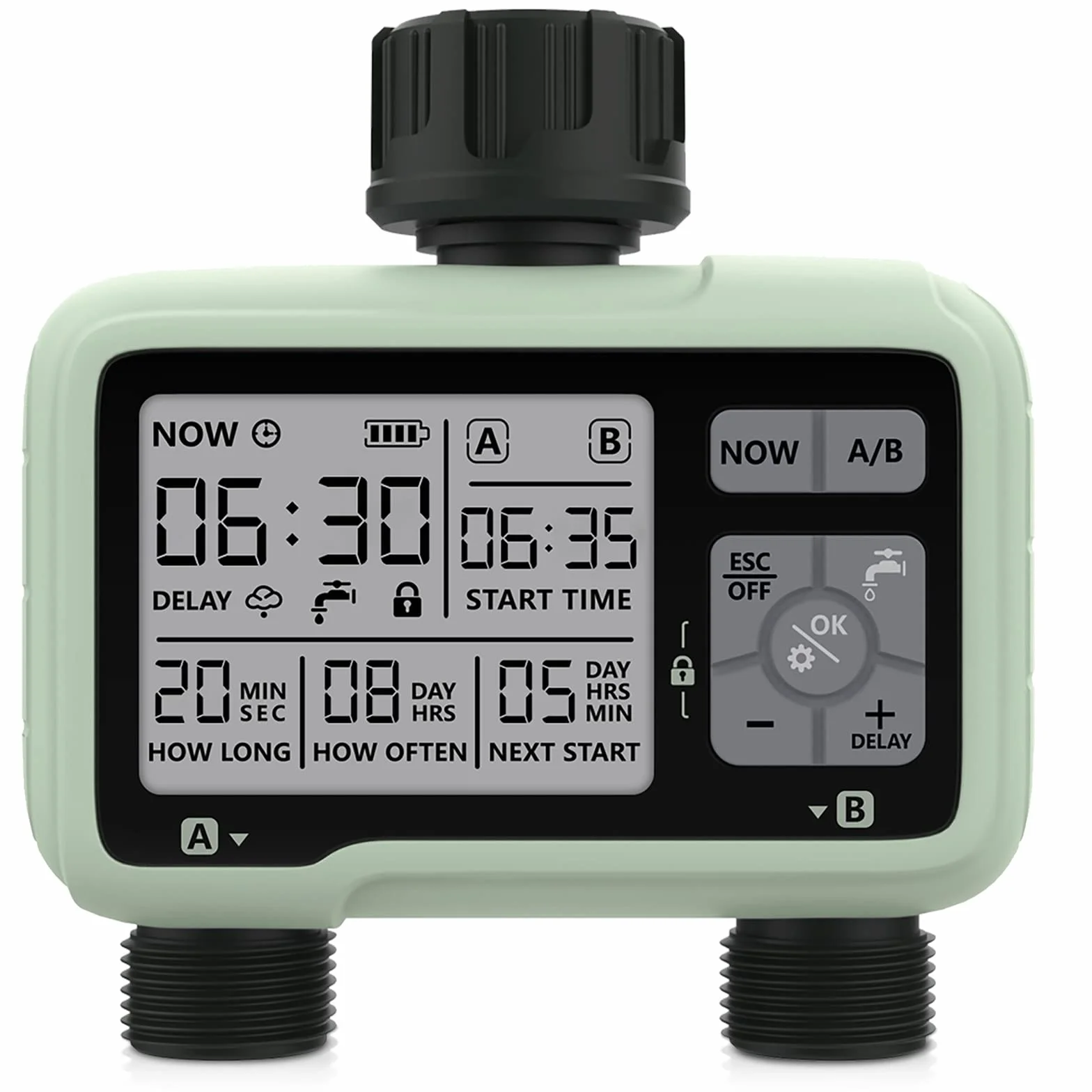 CROSOFMI Timer do wody 2 wyjścia Automatyczny timer do wody w ogrodzie/Ekran LCD/Łatwa obsługa/Blokada przed dziećmi/Opóźnienie w przypadku intensywnego deszczu/Irygacja ręczna