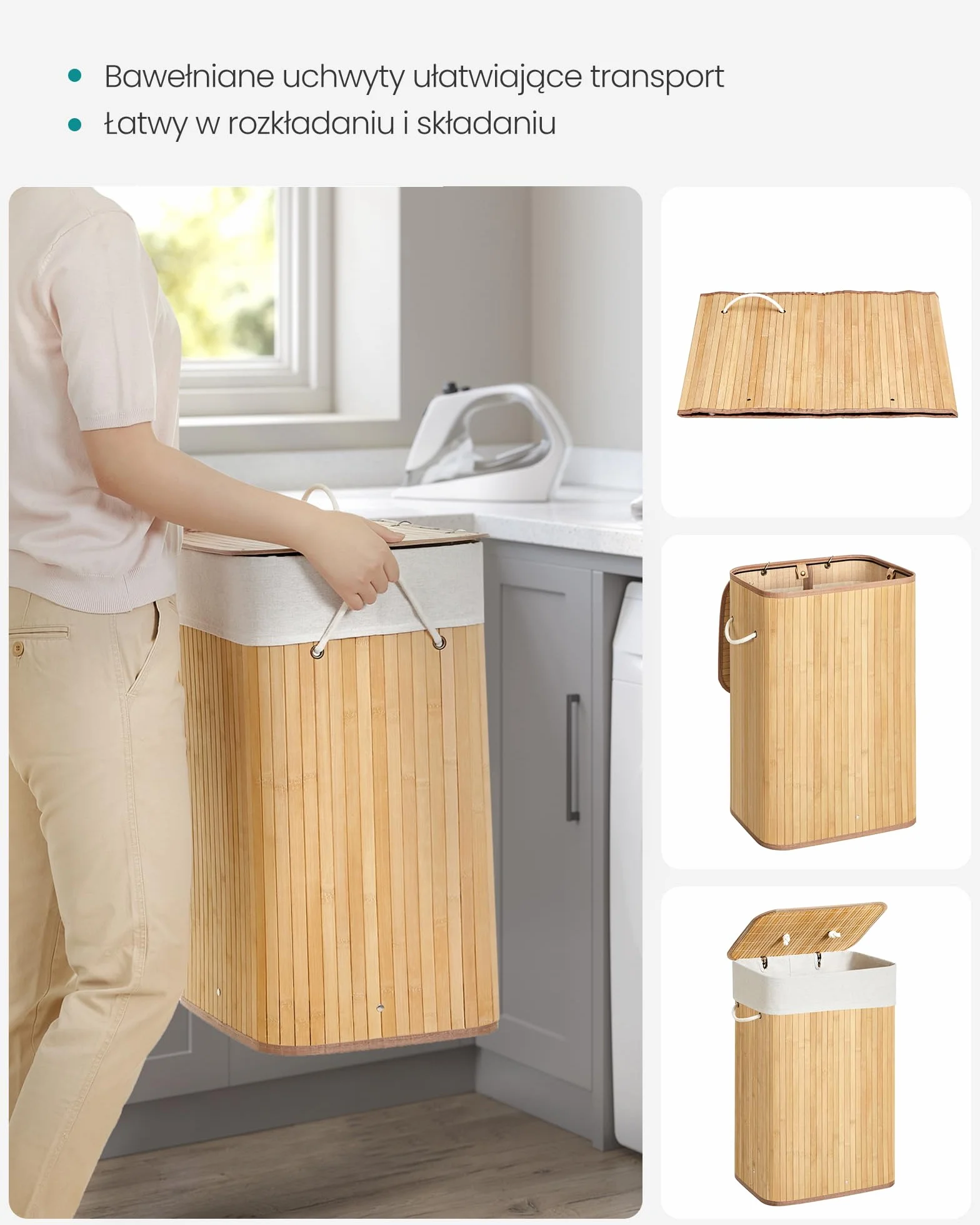SONGMICS Bambusowy kosz na pranie, składany pojemnik na pranie z pokrywą i zdejmowanym bawełnianym workiem, 72 L, 40 x 30 x 60 cm, Naturalny LCB10Y