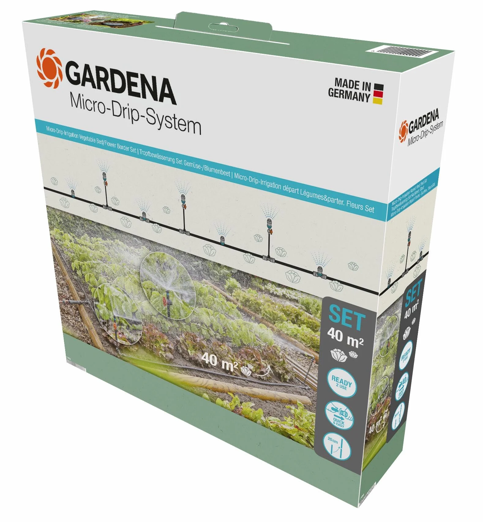 Gardena system Micro-Drip nawadnianie kropelkowe, zestaw do grządek warzywnych/kwiatowych (40 m²): Zest. start. gotowy do zast., wodooszcz. sys. nawad., prosta i elast. tech. połącz. (13450-20)