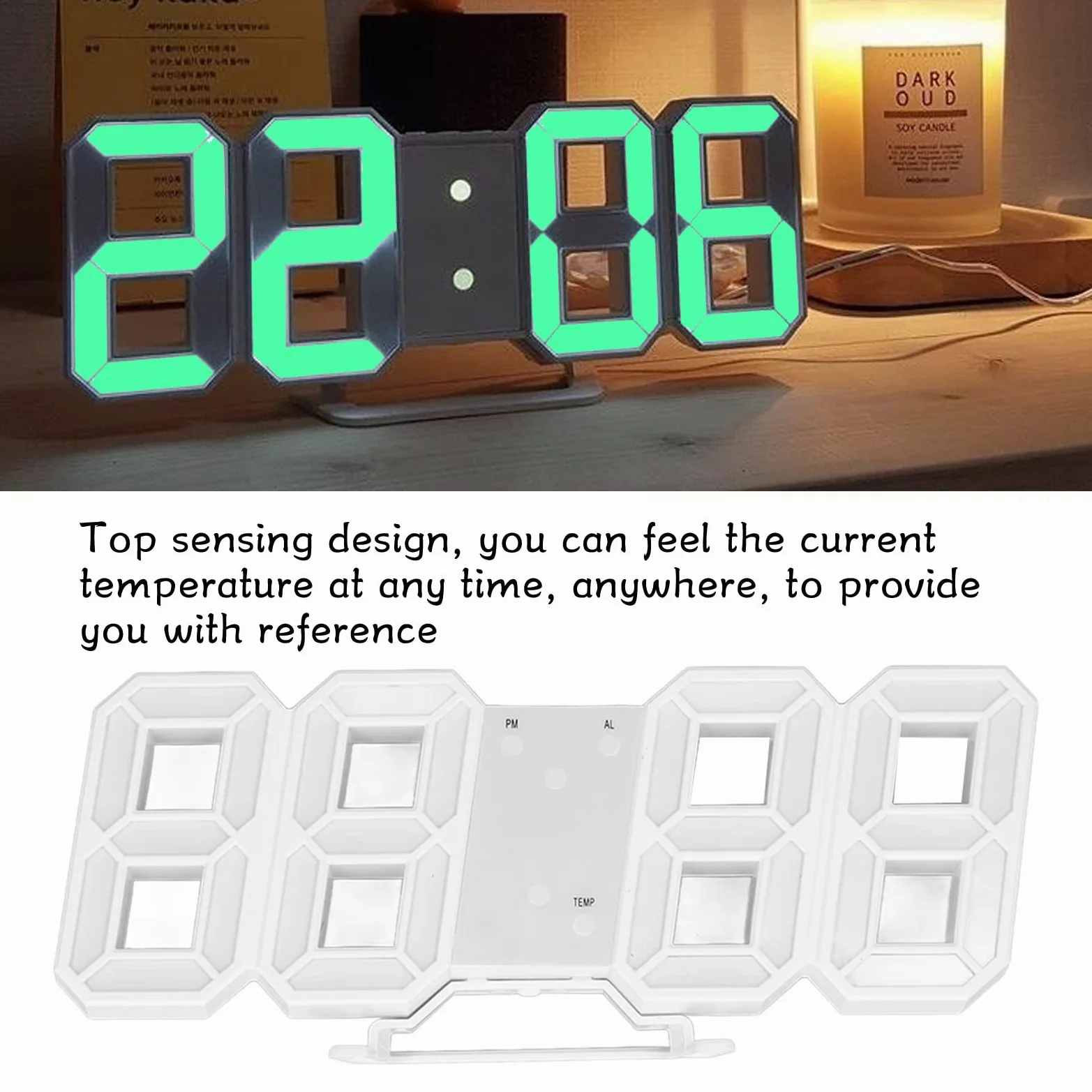 BuyWeek Zegar ścienny LED 3D, biała ramka, cyfrowy budzik, nowoczesny zegar ścienny z temperaturą, do dekoracji domu, salonu, zielony