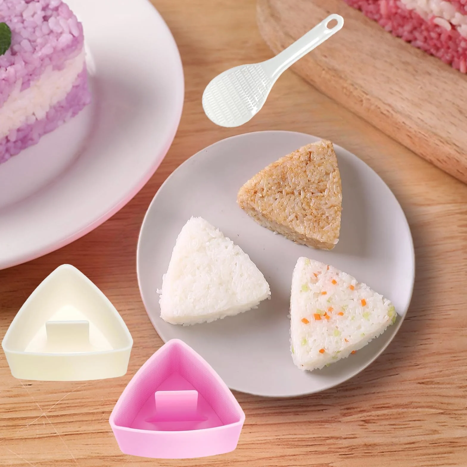 Foremki Onigiri, 4 sztuki, zestaw z łyżeczkami do ryżu, trójkąt, do sushi, trójkątne formy do sushi, kul ryżowych, do restauracji, kuchni rodzinnej