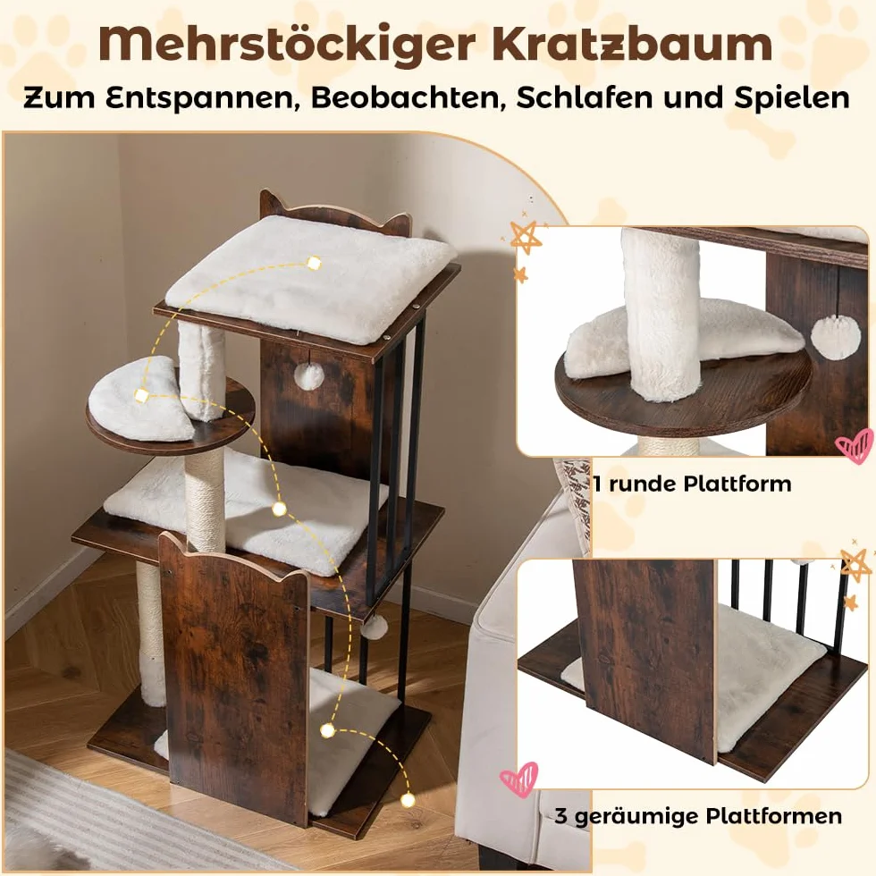 COSTWAY Drapak dla kotów z drewna i metalu 112 cm 4 platformy vintage brązowy
