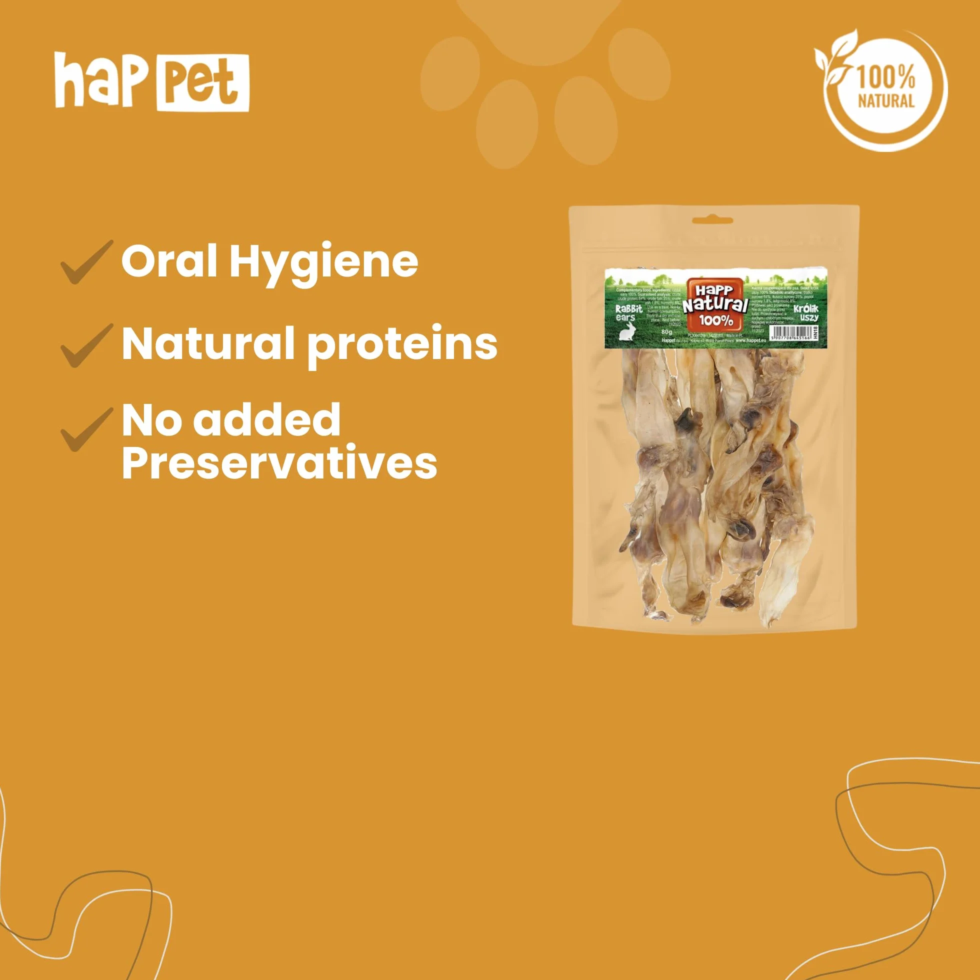 HAPPET 100% Naturalne uszy królicze dla psów – Jednoskładnikowe przysmaki proteinowe – Niskotłuszczowe, łatwostrawne przysmaki dla psów – Bez dodatków i konserwantów – Zdrowa naturalna przekąska 80 g
