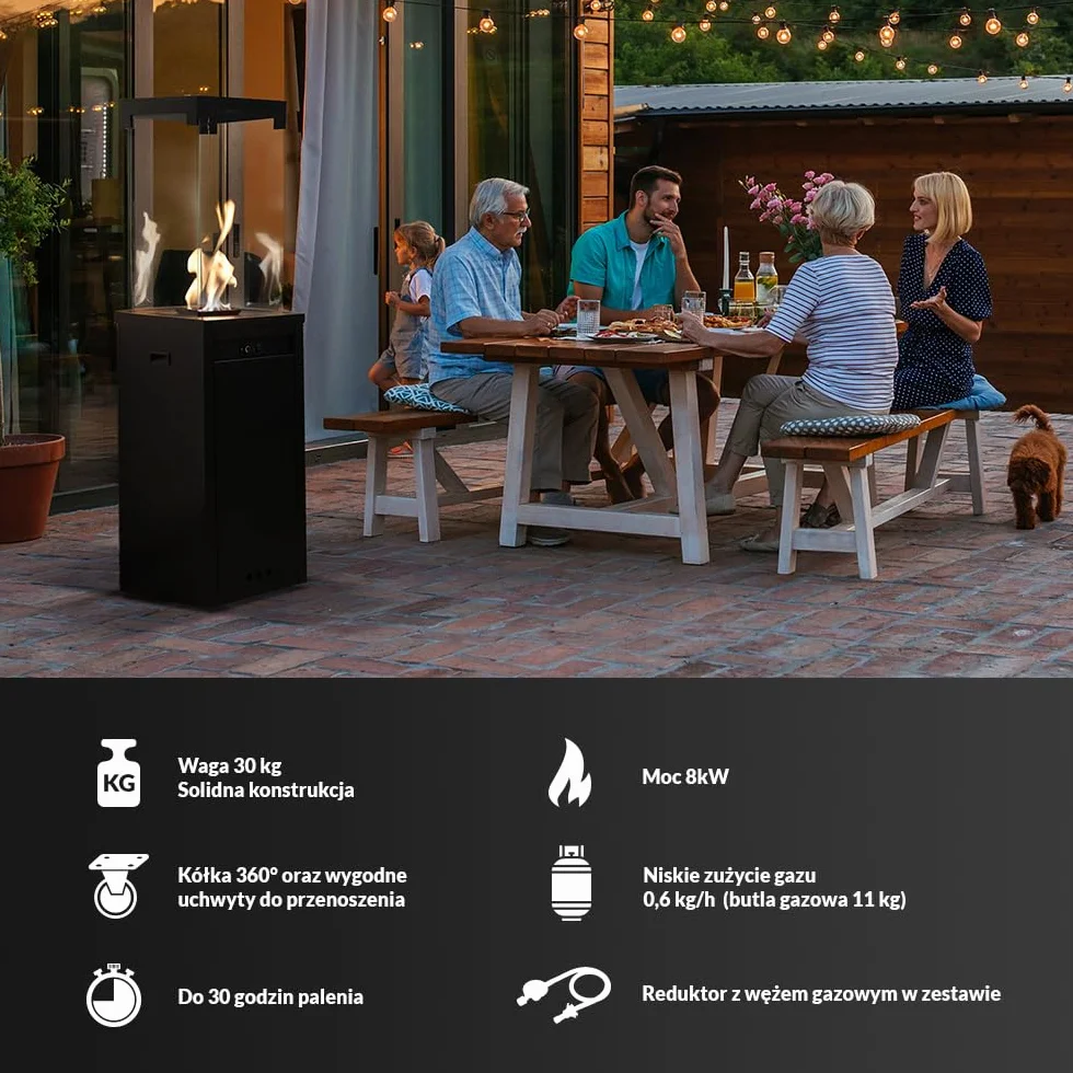 KRATKI tarasowy ogrzewacz gazowy Patio Light czarny 8,2 kW - Propan-Butan G30/37mbar - wydajny ogrzewacz zewnętrzny - łatwe sterowanie - kominek ogrodowy - zestaw z wężem i reduktorem