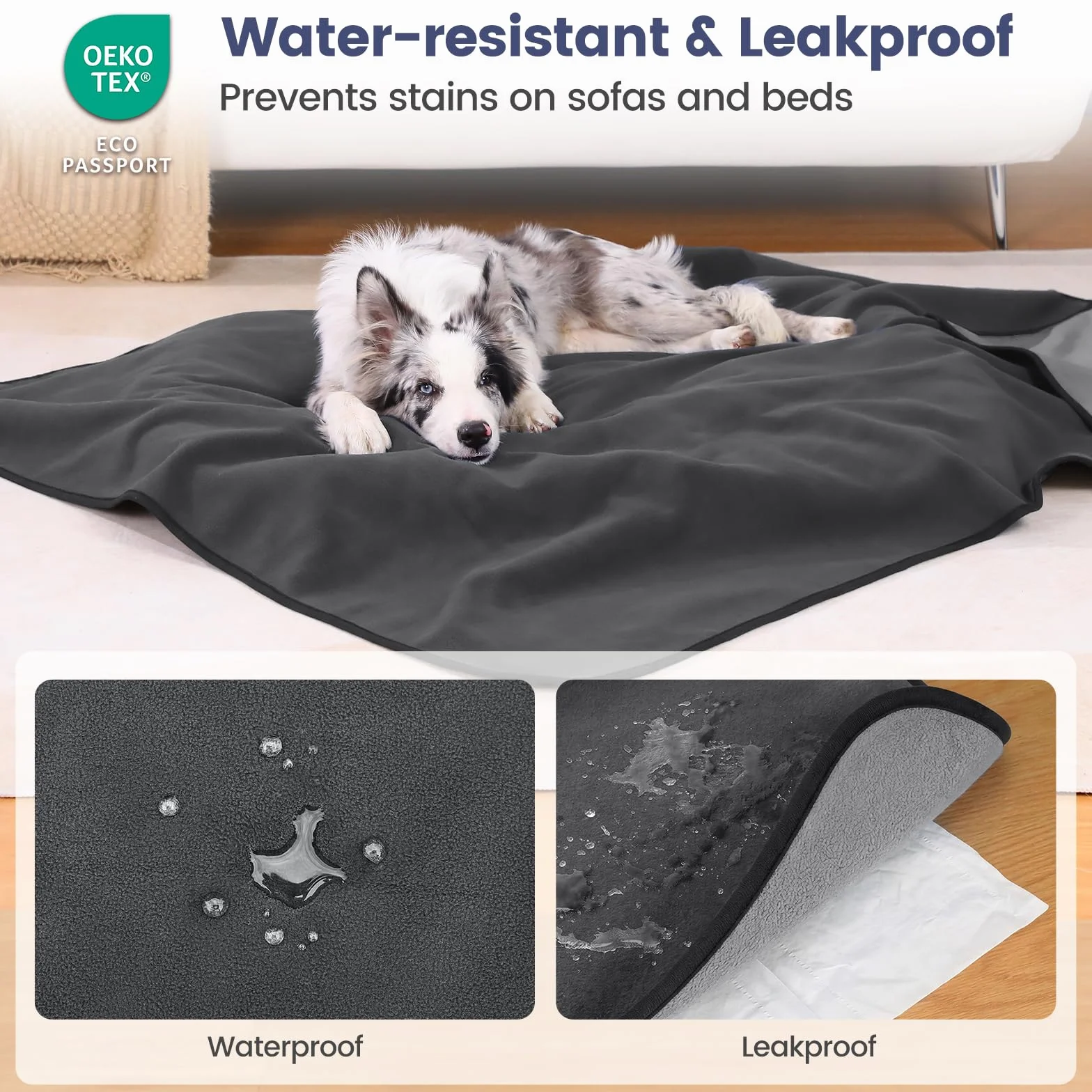 PETTOM Wodoszczelny koc dla psa (152 x 127 cm), miękki koc dla dużych i małych psów, koc ochronny na sofę, łóżko, fotel samochodowy, meble, nadaje się do prania w 30°C (rozmiar L, szary)