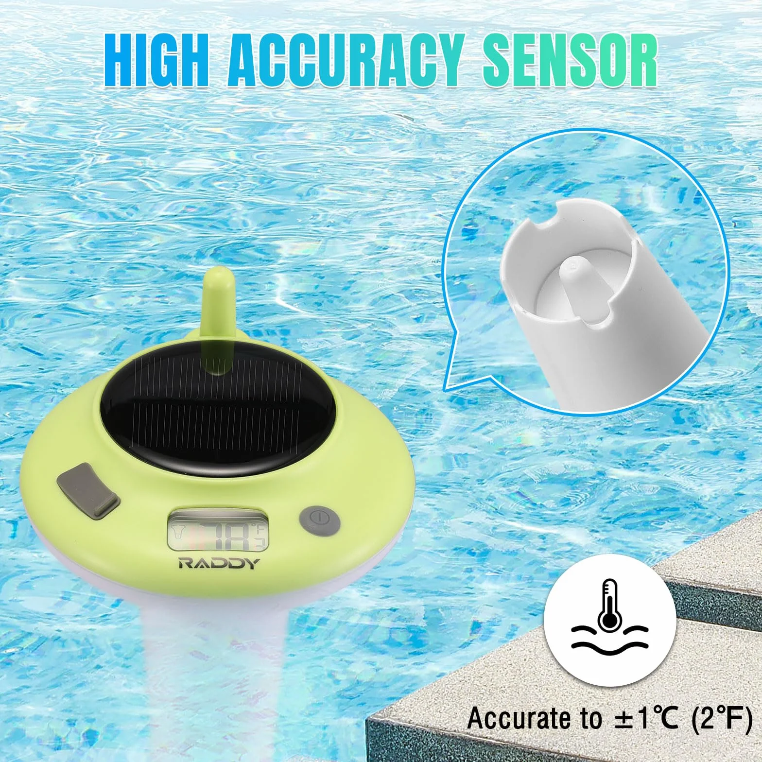 Raddy PT-5 Solar Pool Thermometer Pływający, Termometr o wysokiej dokładności, Łatwy do odczytania, IPX8, Zasilany energią słoneczną i baterią do basenów, jacuzzi, stawów, kąpieli lodowych