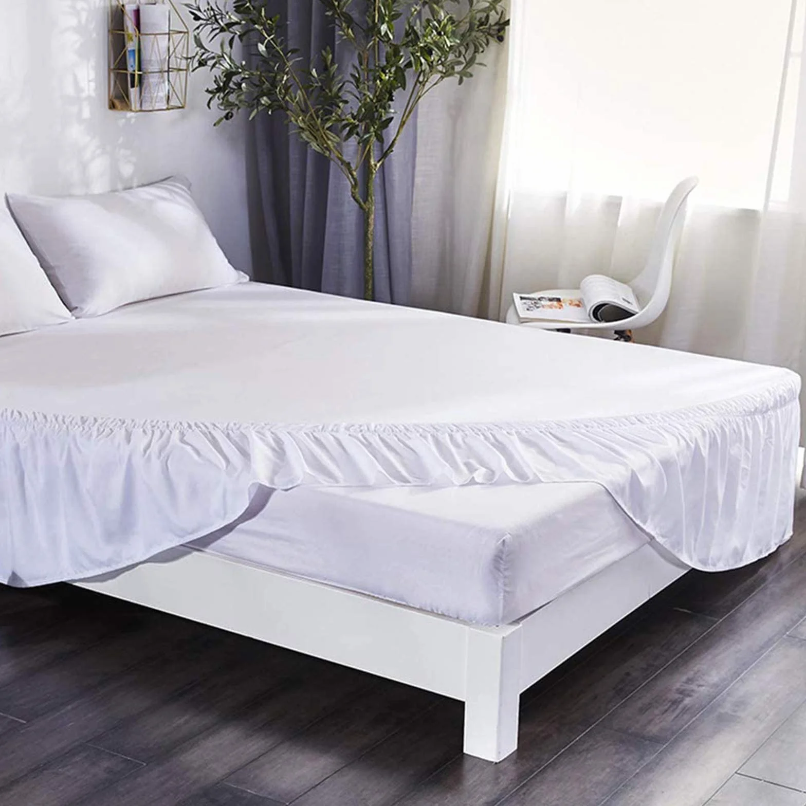 Spódnica do łóżka (150 x 200 x 40 cm) plisowana spódnica do łóżka z falbankami, elastyczna falbanka przeciwpyłowa Ruffled Solid Bed Rock, Wrap around Style, elastyczna narzuta na łóżko, spódnica