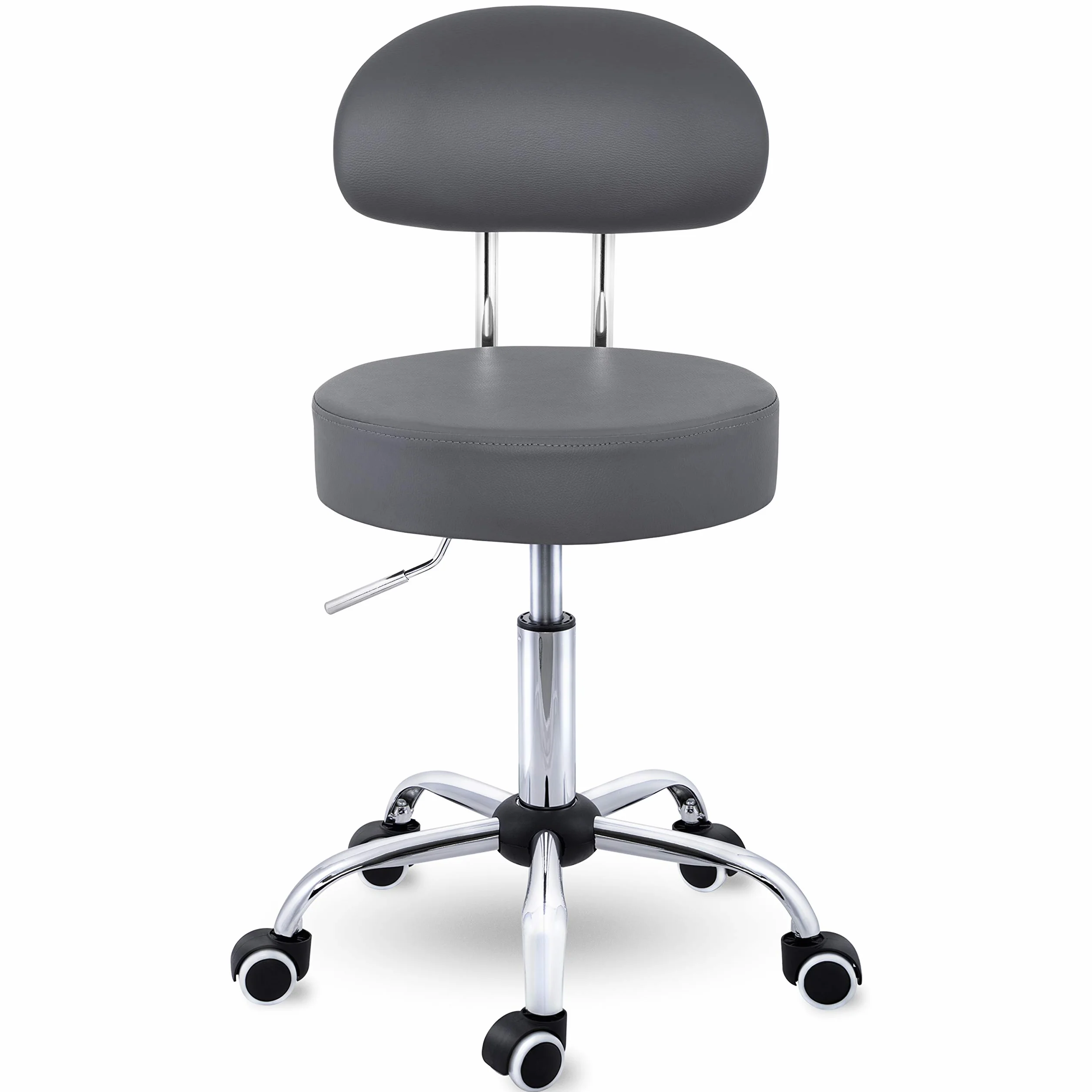 TRESKO® Taboret na kółkach z oparciem, szary, regulacja wysokości 47-60 cm, obrotowy z kółkami, krzesło biurowe, stołek obrotowy