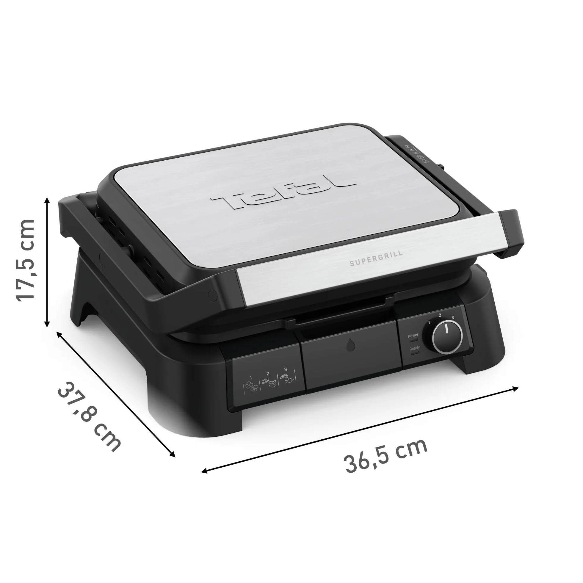 TEFAL GC510DE0 SuperGrill kontaktowy 3w1 3 wysokości, funkcja BBQ i rumienienia, powierzchnia 600 cm², regulowany termostat, 3 poziomy temperatury, powłoka nieprzywierająca, wyjmowana tacka, srebrny