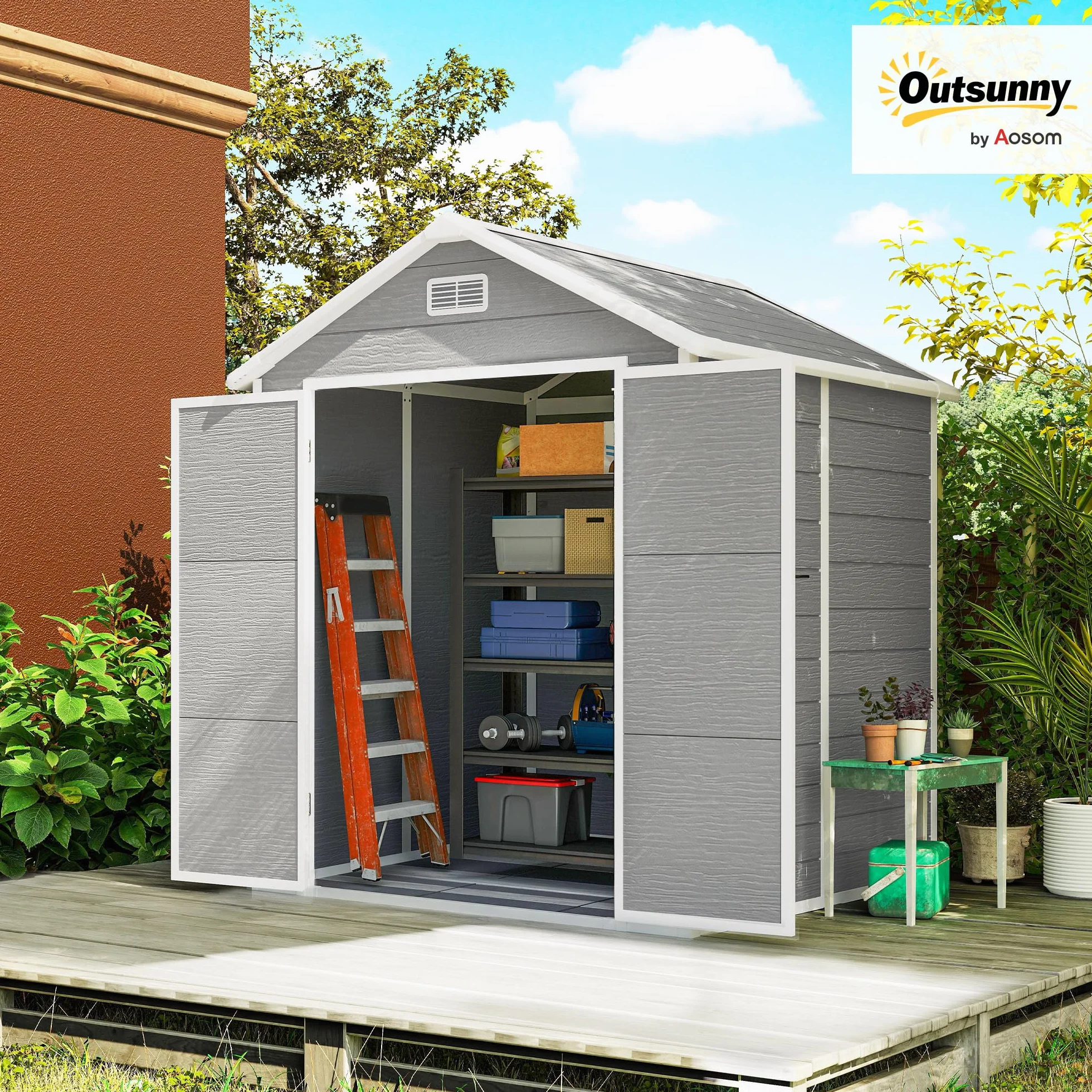 Outsunny Domek na narzędzia 2,4 m², wodoszczelny domek ogrodowy z podłogą, dach dwuspadowy, 182 x 151 x 219/181 cm, szopa na narzędzia z zamykanymi drzwiami, oknem, garaż rowerowy z tworzywa