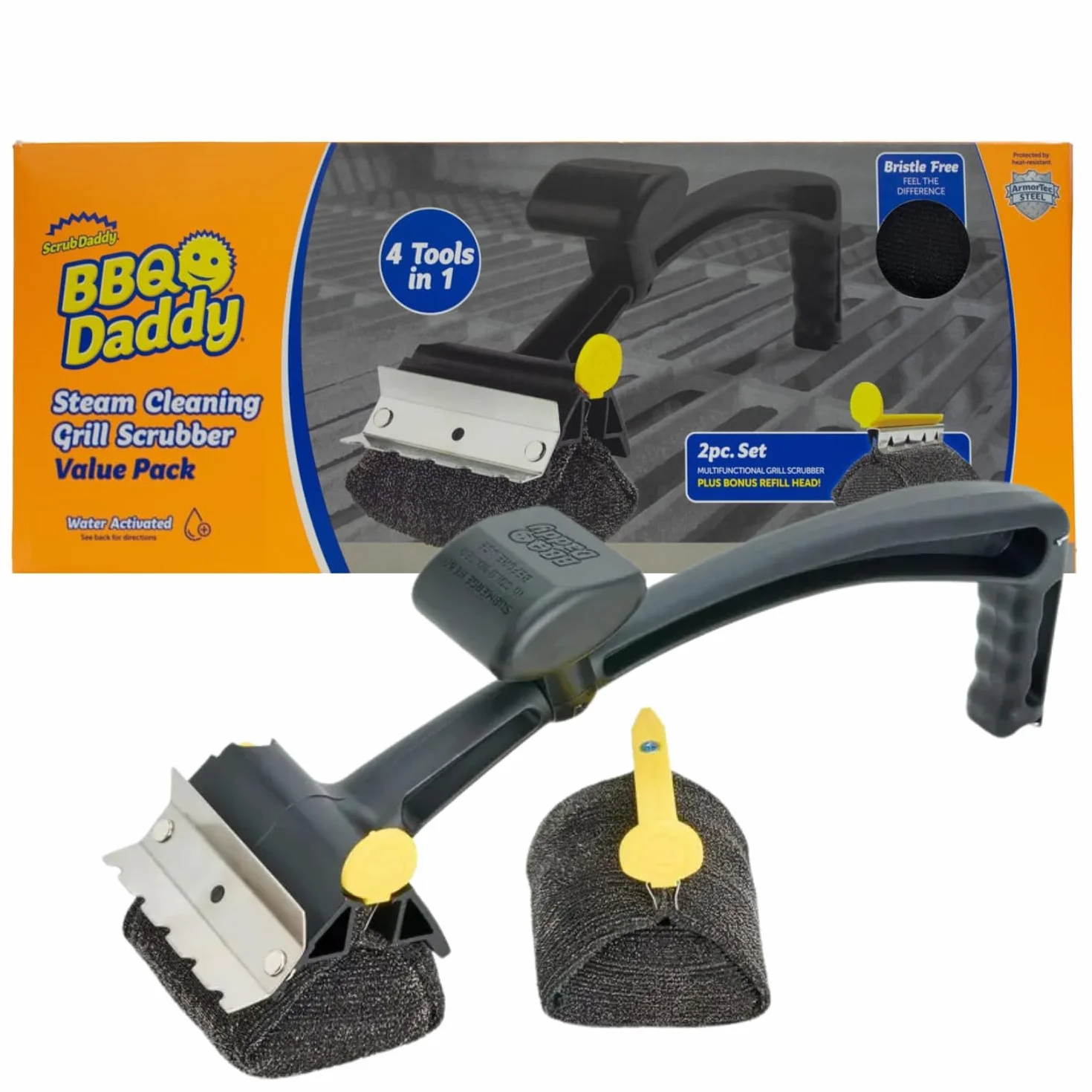 Scrub Daddy BBQ Daddy + wymienne głowice – szczotka do czyszczenia grilla ze skrobakiem i otwieraczem do butelek, środek do czyszczenia grilla, bez włosia, szczotki do czyszczenia grilla, zaawansowane
