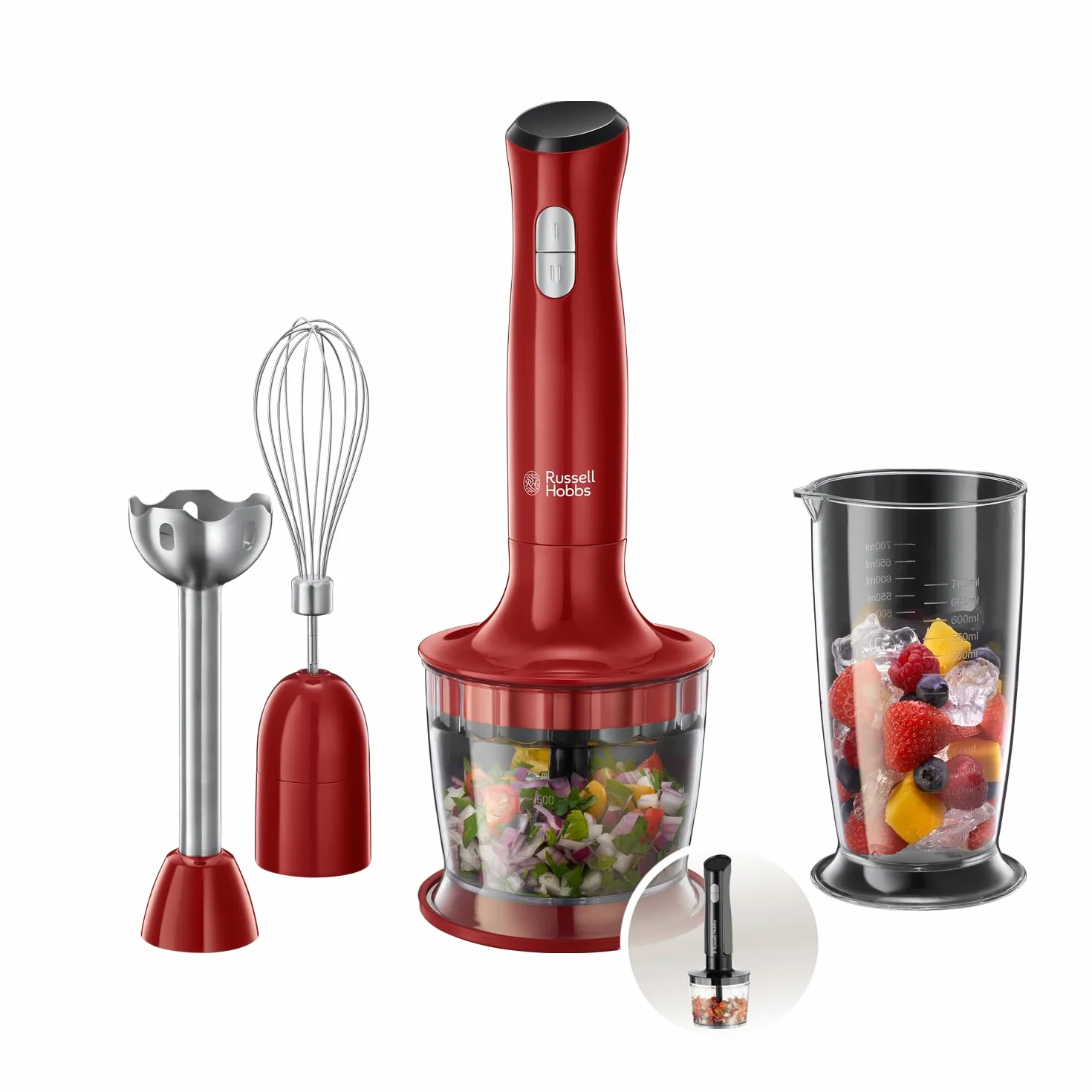 Russell Hobbs blender ręczny, 3w1, nasadka miksująca, pojemnik z ostrzem miksującym, pojemność pojemnika 0,5l, mieszanie, ubijanie, moc 500W, Desire 24700-56
