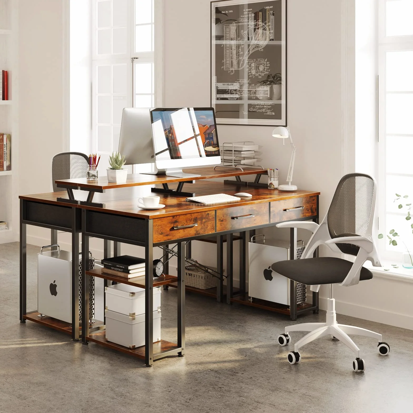 ODK Biurko komputerowe z 3 szufladami, biurko do biura domowego ze stojakiem na monitor, stół biurowy, stół biurowy, do biura domowego (brązowy, 120 x 50 cm)