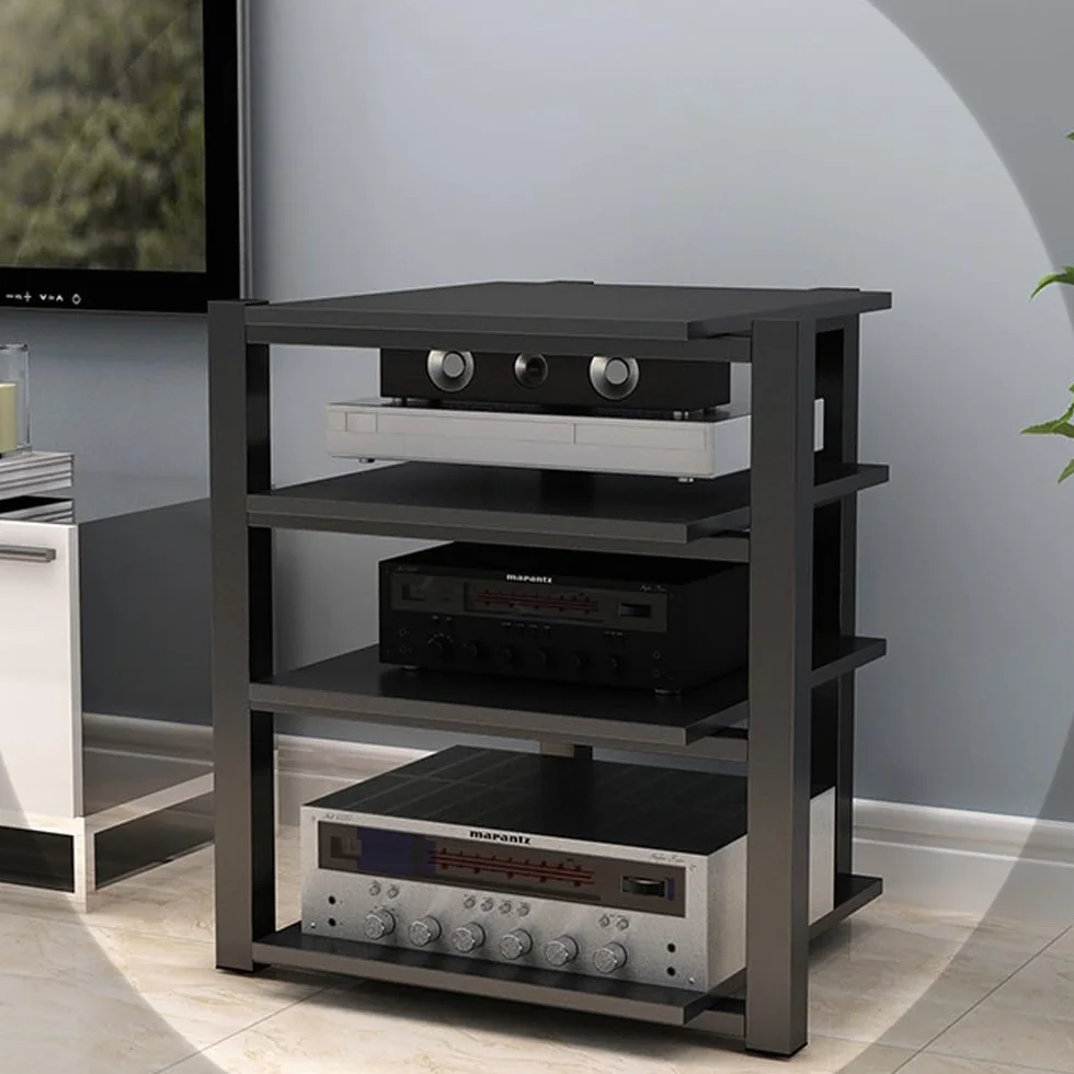 4-poziomowy stojak audio z drewnianymi półkami na wzmacniacz, nośniki AV i komponenty stereo, odtwarzacz CD, półka narożna, do studia nagraniowego, czarny, 70 x 55 x 90 cm