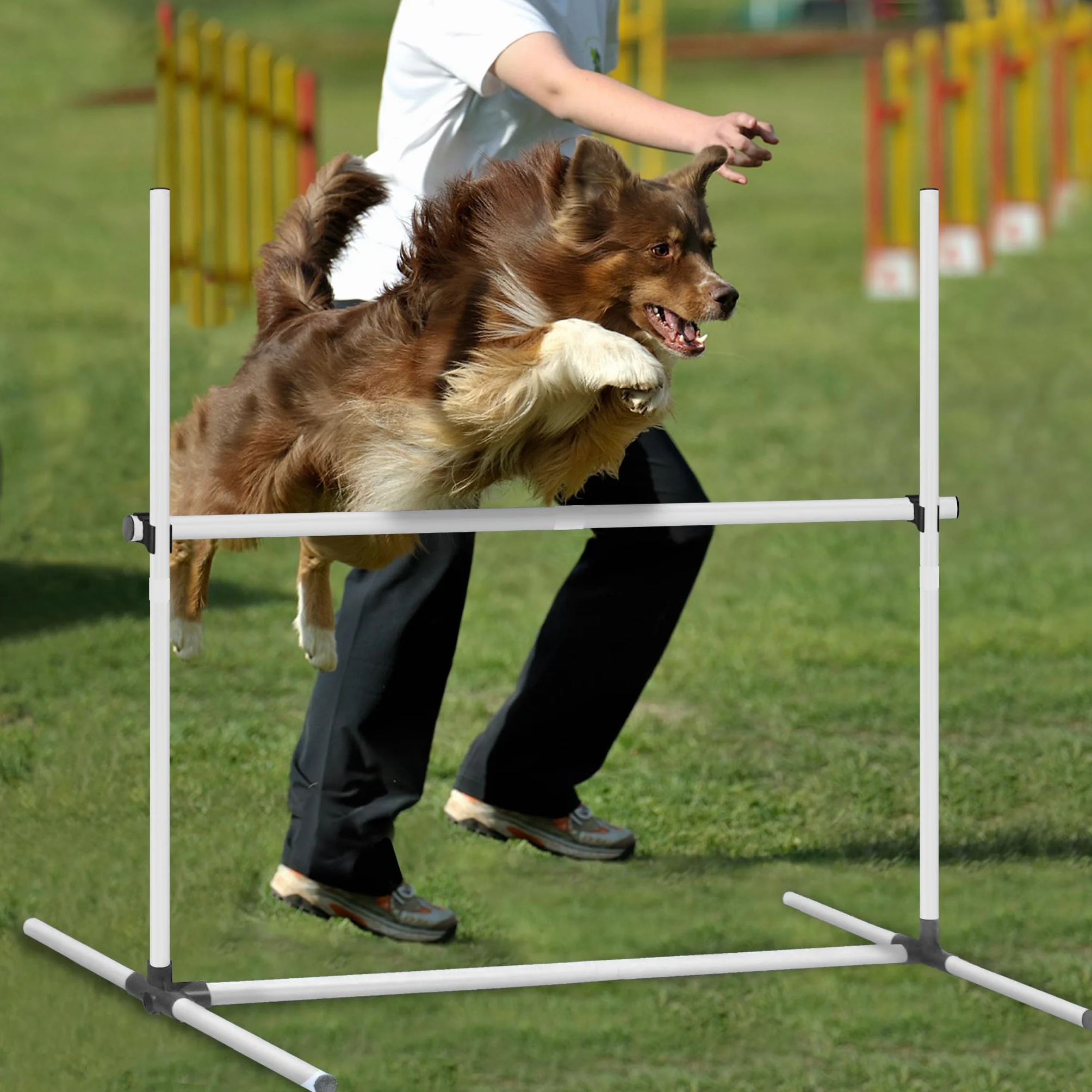 Agility zestaw płotek dla psów, pręty slalom, wyposażenie do treningu psów z 4 płotkami z regulacją wysokości, 104 x 70 x 101 cm, biały