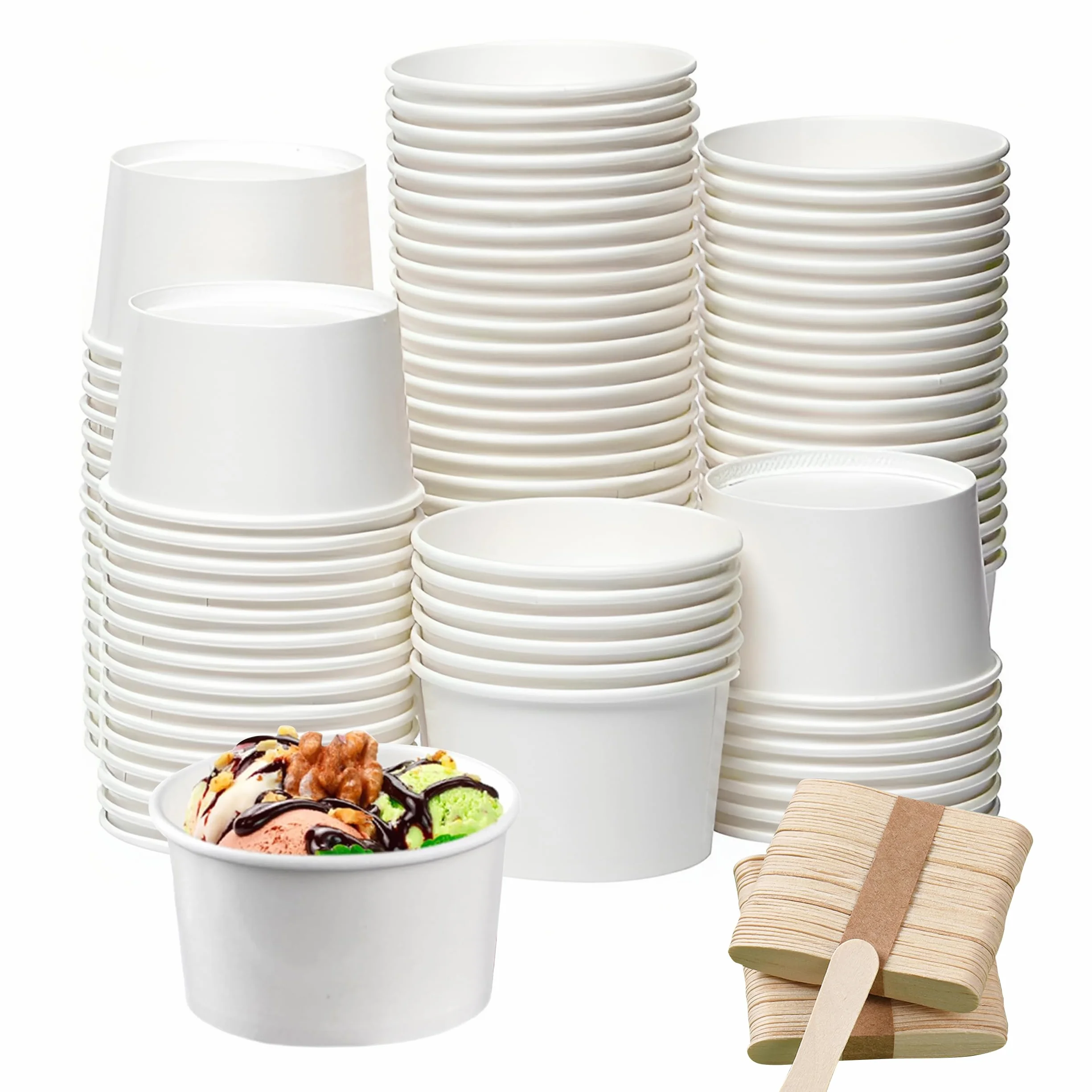 Papierowe foremki do muffinek, 60 sztuk kartonowych kubków do lodów, 120 ml, jednorazowe miseczki do lodów z drewnianą łyżeczką, do bufetów, deserów, na wesela, wózki z jedzeniem, lodziarnie