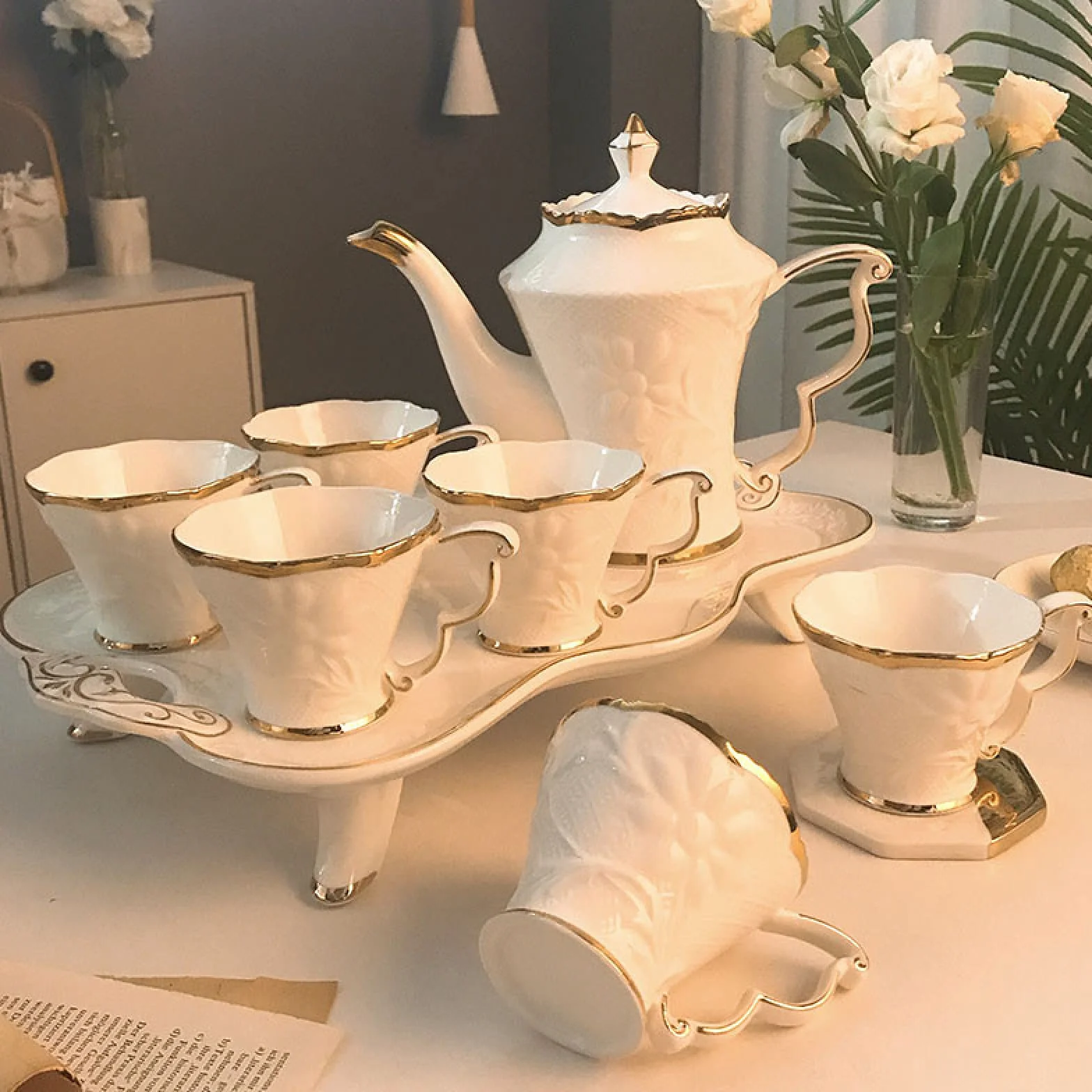 Herbaty i talerze, Filiżanka do kawy i spodek Zestaw do herbaty dla dorosłych Zestaw do herbaty z czajnikiem Porcelanowy serwis do podwieczorku Herbata kwitnąca