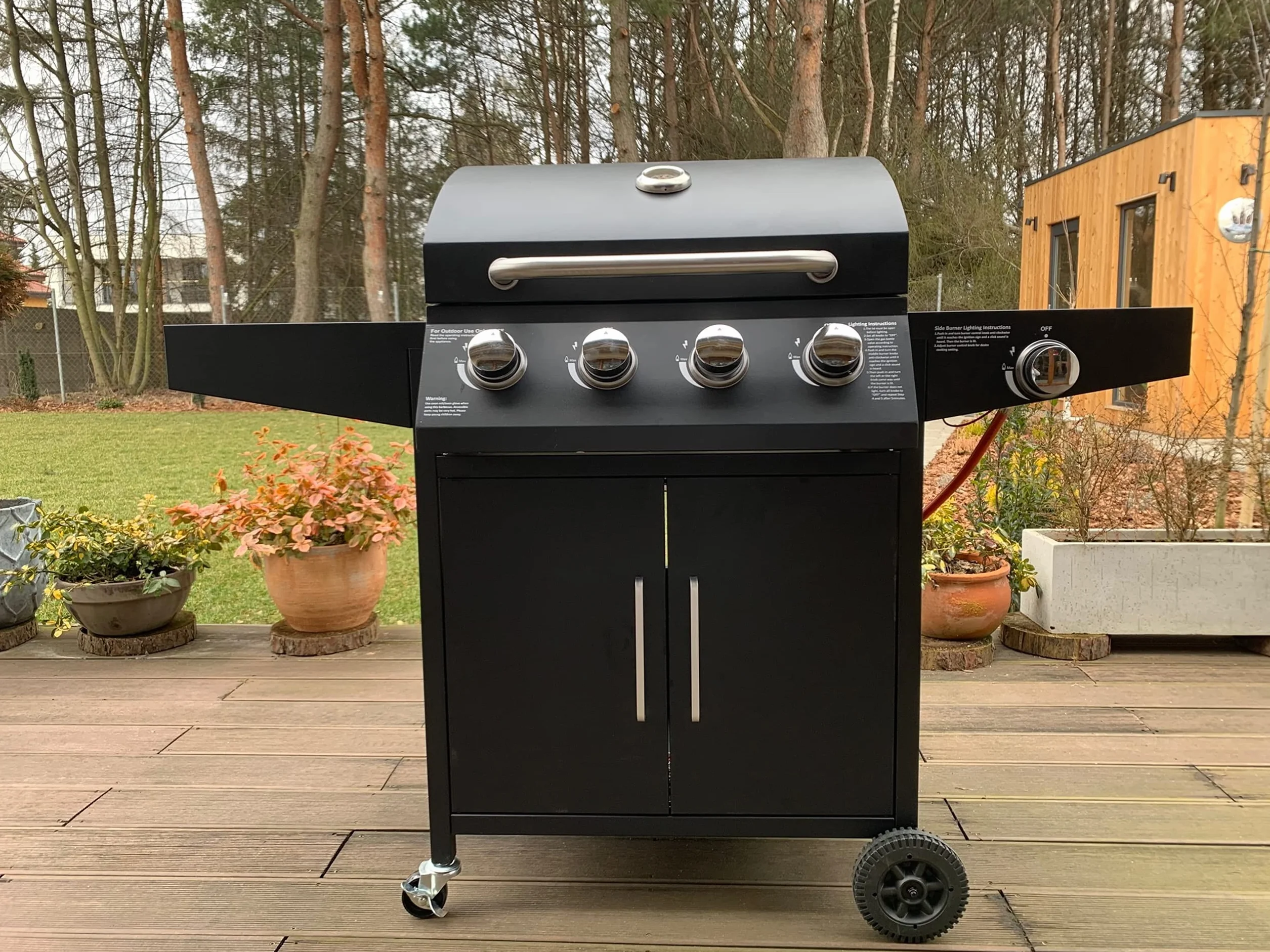 GrillMaster Grill Gazowy PartyTogether 4+1 + Pokrowiec, Ogrodowy, Na Gaz, z Termometrem, z Kółkami, z Dodatkowym Palnikiem