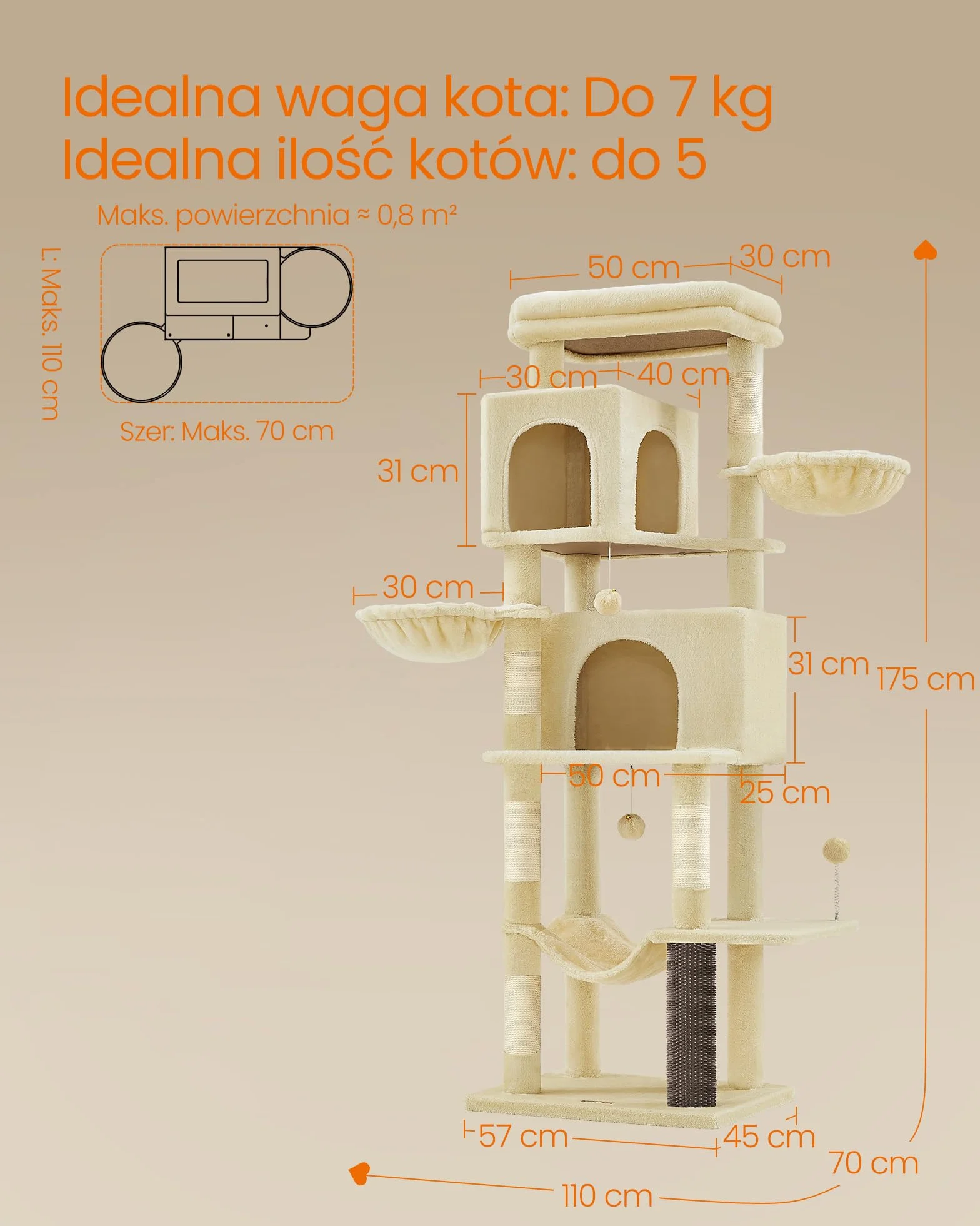 Feandrea duży drapak, wysokość 175 cm, XL, wielopoziomowy drapak dla kota z 2 jaskiniami, 2 leżakami, 5 drapakami, szczotka dla kota, duża platforma, piaskowy beż PCT182Y01