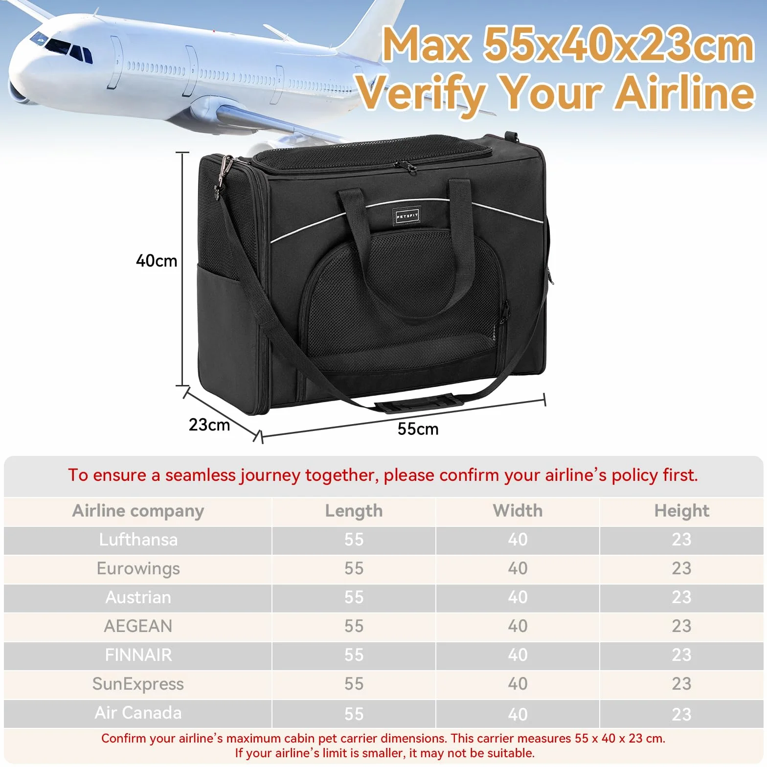 Petsfit Torba dla psa, samolot, 55 x 40 x 23 cm, torba transportowa dla psa, kota, bezpieczny transport w samochodzie, samolocie i pociągu, z 2 metodami umieszczenia, L/czarna