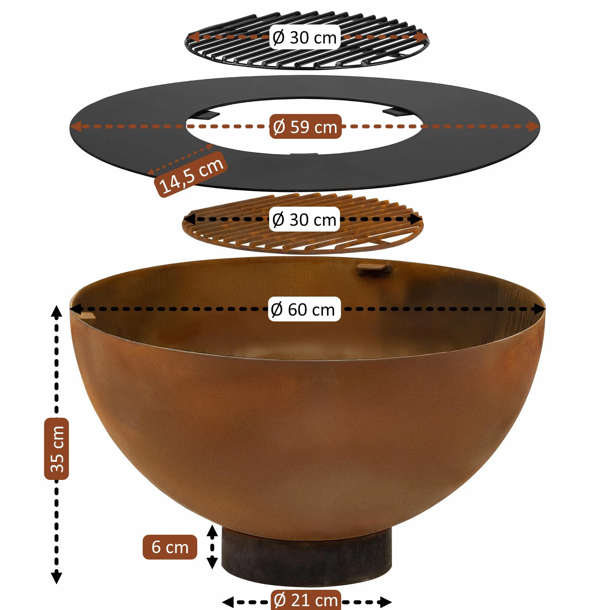 BBQ-Toro Palenisko z grillem, Ø 60 cm, wygląd rdzy, grill na płytę paleniskową, do użytku na zewnątrz, palenisko z płytą grillową, misa paleniskowa do ogrodu, Garden Fire Pit, Fire Bowl