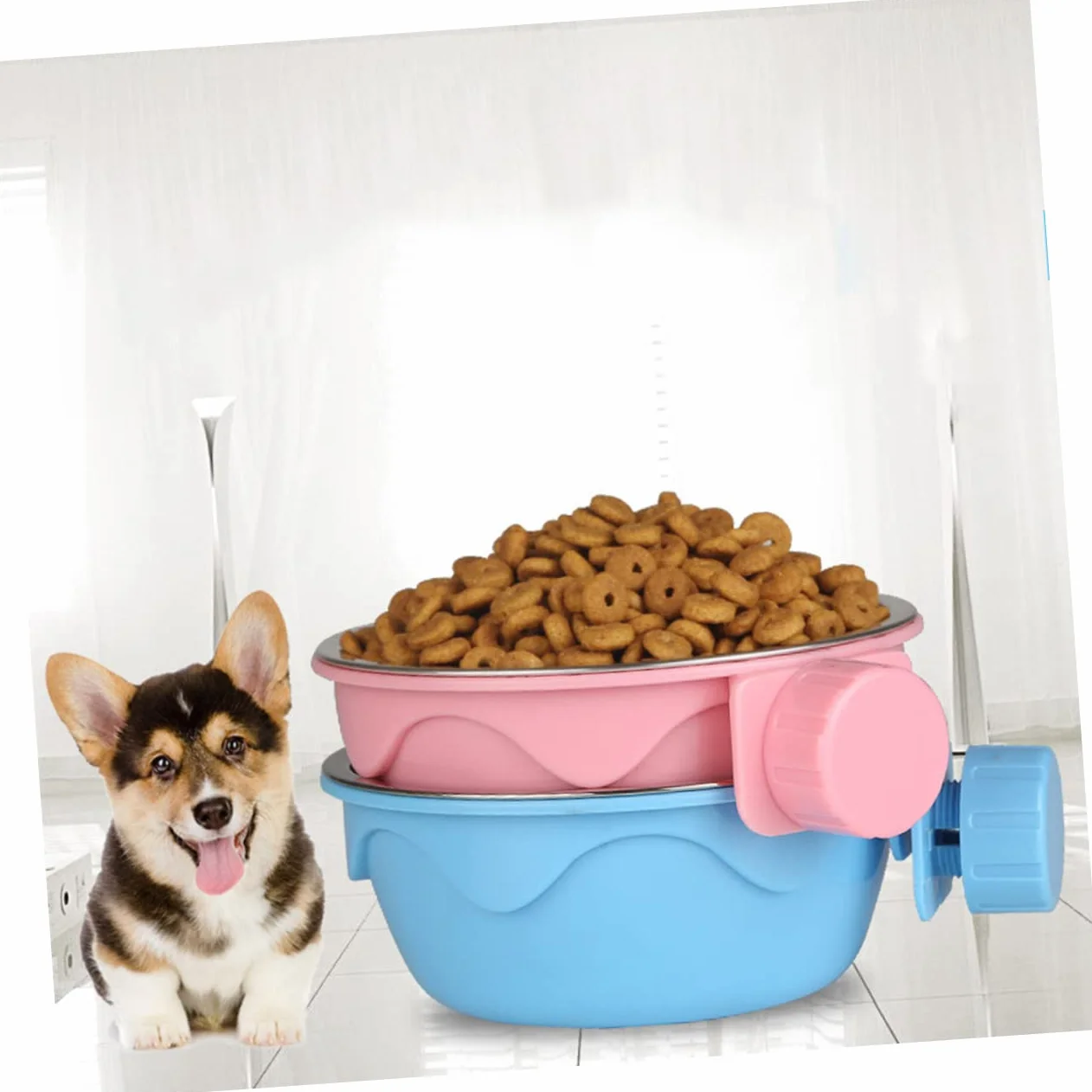 INOOMP Stalowa Miska Dla Psa i Kota Dwuwarstwowa Odłączana Do Klatki Niebieska