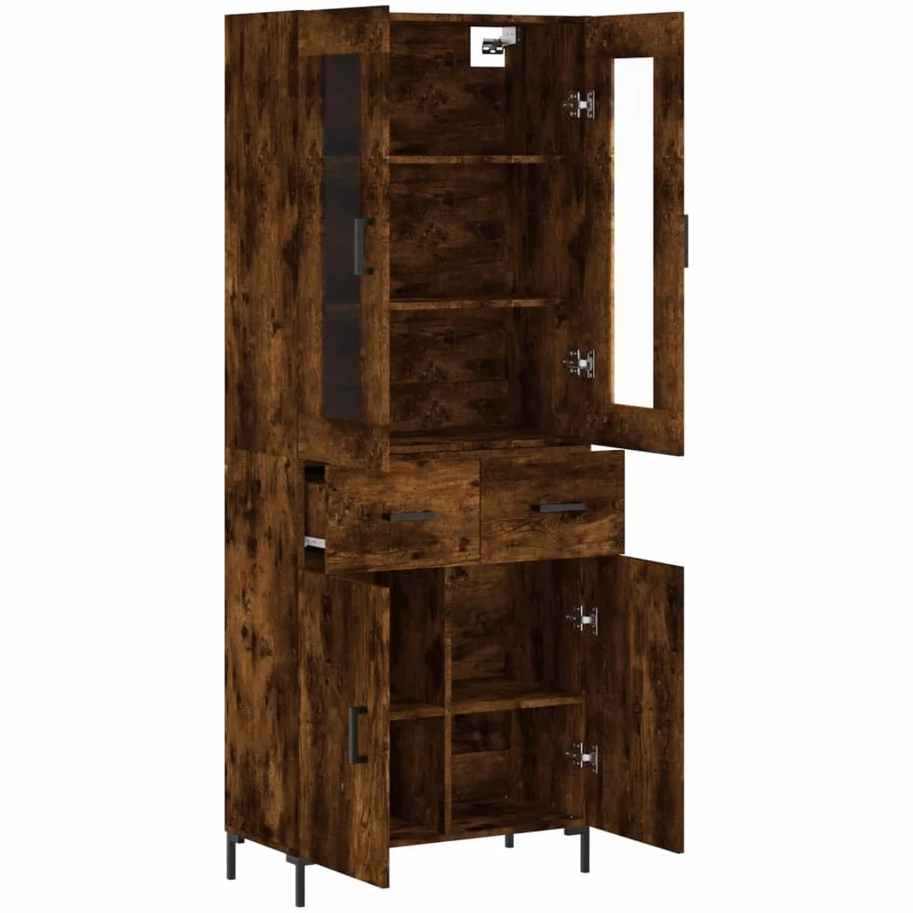 Générique Bufet wysoki Dąb wędzony 69,5 x 34 x 180 cm, szafka do przechowywania z drewna inżynieryjnego z metalowymi nogami, duża przestrzeń do przechowywania do salonu