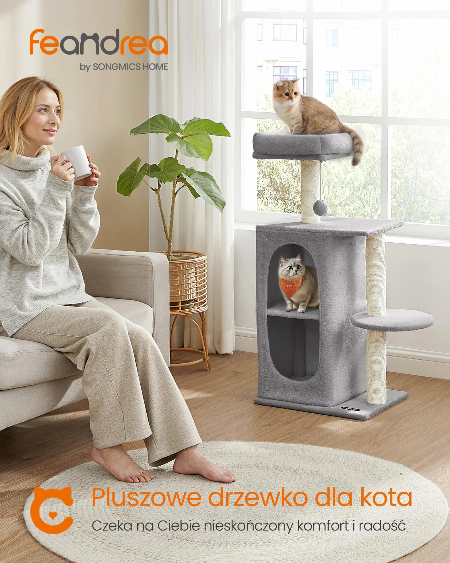 Feandrea Cat Tree, Drapak dla kota z 2 jaskiniami, słupki do drapania, dla gospodarstw domowych z wieloma kotami, kocięta, jasnoszary PCT005G01