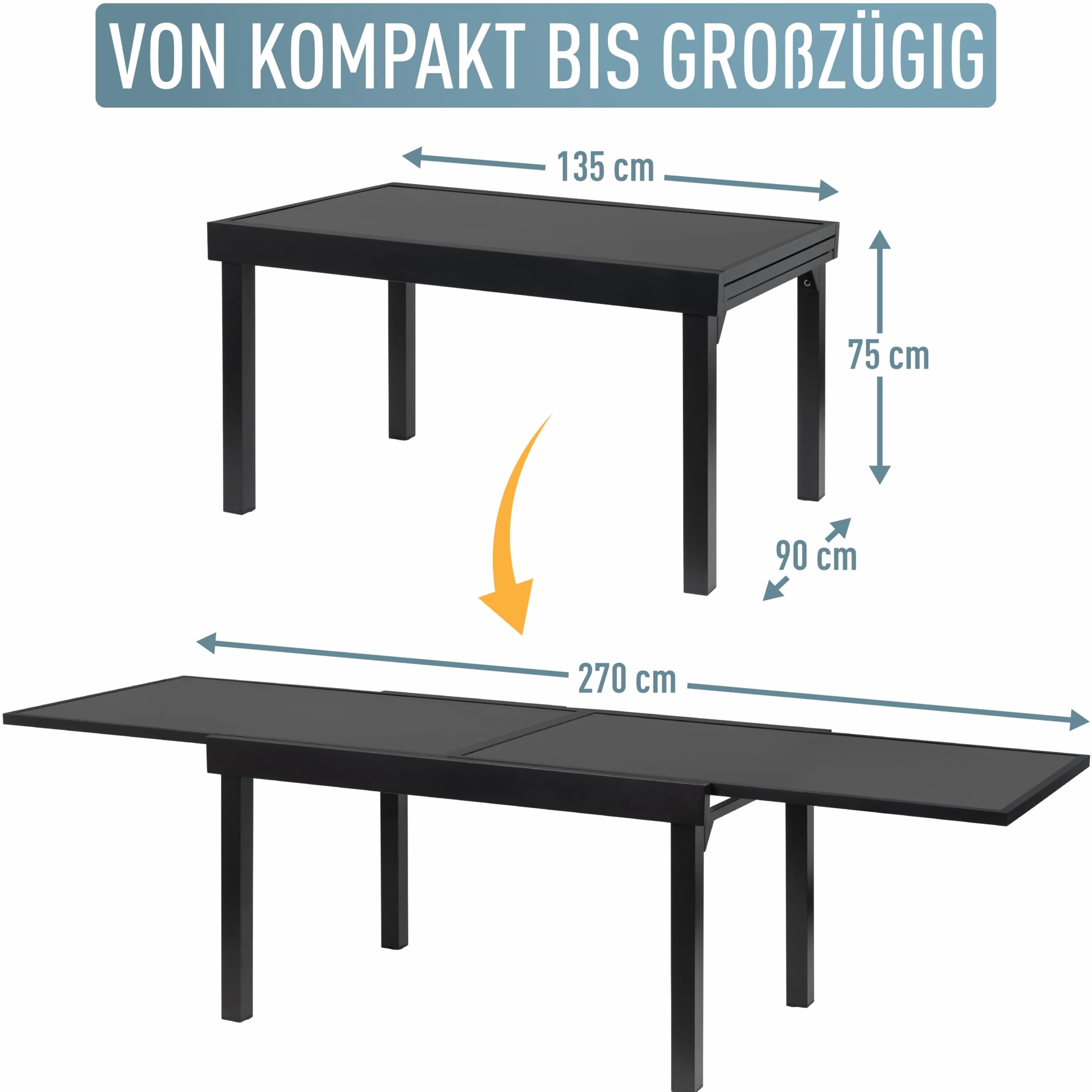ib style Diplomat stół ogrodowy XXL, wysuwany 135-270 cm, do użytku na zewnątrz, aluminiowy stół do jadalni, meble ogrodowe, duży blat stołu z bezpiecznego szkła, czarny