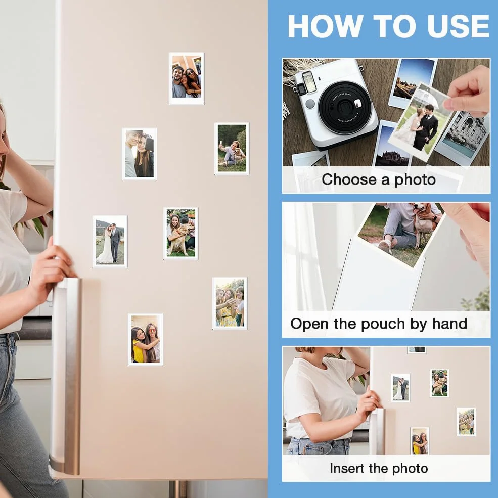 Ainiv Magnetyczne ramki na zdjęcia do folii Instax Mini 9,3 x 6,3 cm, zestaw 10 szt. na lodówkę, personalizowany magnes na lodówkę, na zdjęcia, pocztówki, zawiadomienia, białe