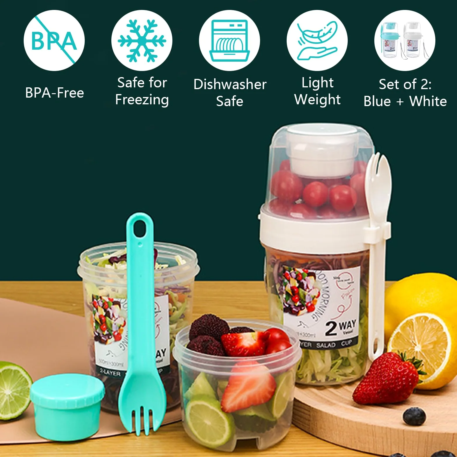 2 kubki na musli na wynos z łyżką, 560 ml + 310 ml, kubki na jogurt w podróży, 100% wolne od BPA, 3 w 1, szczelny kubek na musli na wynos, do pracy, szkoły, podróży