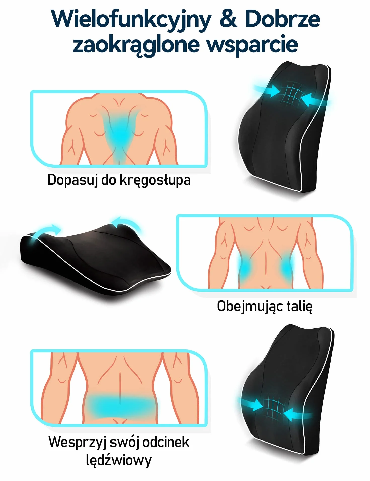TRAVEL EASE Ergonomiczna Poduszka Lędźwiowa, Podparcie Pleców z Pianki Zapamiętującej Kształt do Fotela Samochodowego Krzesło Biurowe, Oparcie z Antystatyczną Osłoną i Regulowanymi Paskami, Czarny