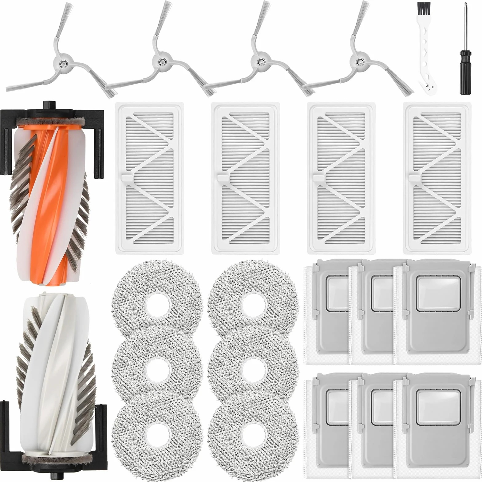 24 akcesoria do robota odkurzającego DJI ROMO S/Romo P/Romo A, 2 szczotki główne, 6 worków do kurzu, 6 podkładek do wycierania, 4 filtry HEPA, 4 szczotki boczne, 1 szczotka do czyszczenia, 1 śrubokręt