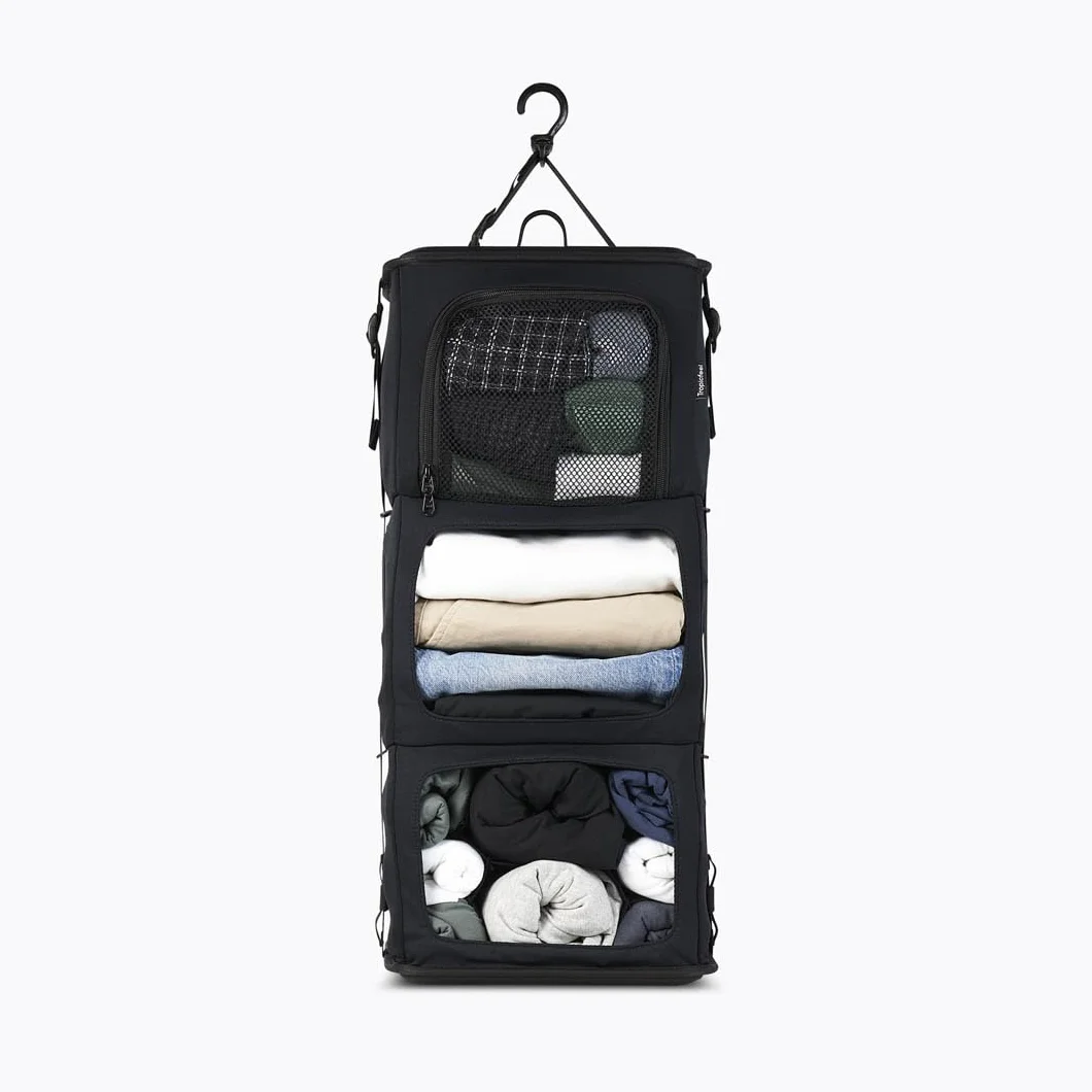Tropicfeel Szafa w kolorze czarnym, podróżny system garderoby/organizer na ubrania, pasuje do każdego plecaka lub torby o wymiarach 60 cm x 28 cm x 18 cm, wiszący organizer podróżny (cały czarny)
