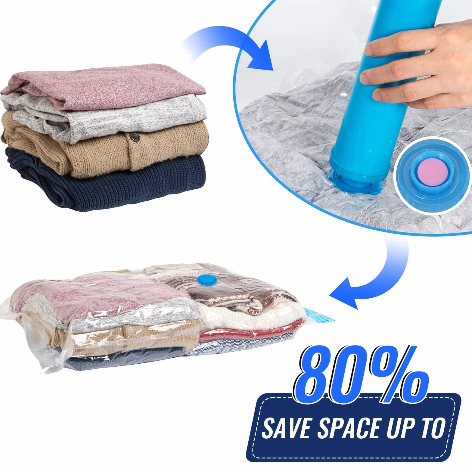 12 Worek próżniowy do ubrań - 60x40 cm, oszczędność miejsca do 80%, woreczki próżniowe z materiału PA & PE, wielokrotnego użytku, z ręczną pompą w zestawie, Ventil und Handpumpe