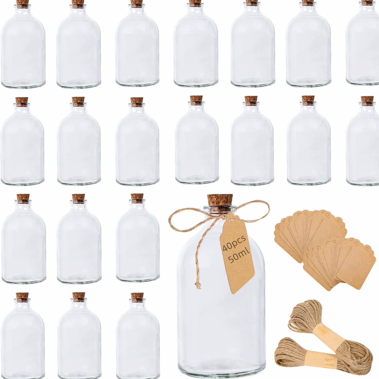 40 sztuk mini szklanych butelek z korkiem, szklane butelki 50 ml na upominki weselne, szklane butelki z korkowymi korkami, etykiety i sznurek do dekoracji rzemieślniczych, weselnych