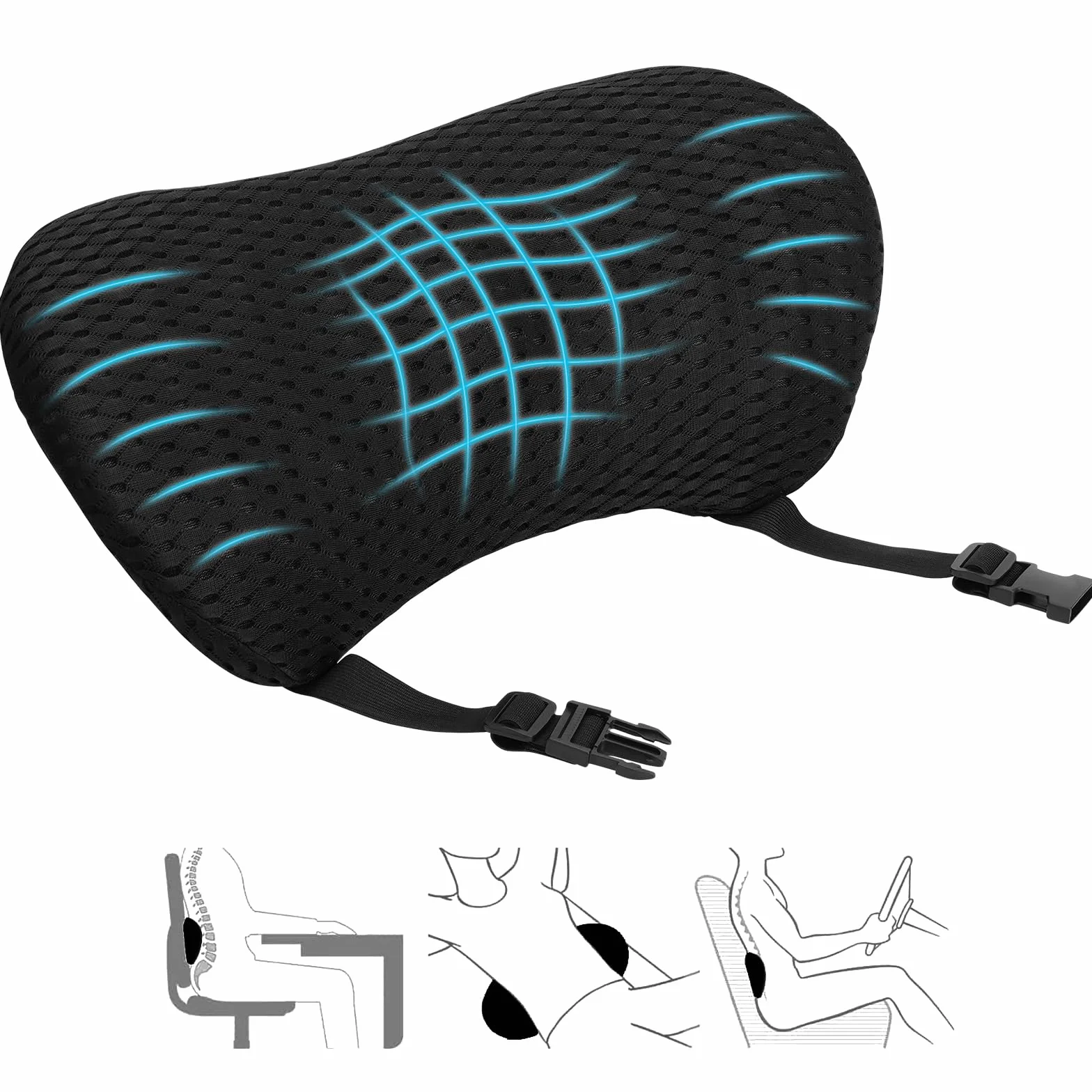Poduszka lędźwiowa, ergonomiczna poduszka lędźwiowa, poduszka pod plecy z regulowanym paskiem, pianka z pamięcią kształtu, poduszka podpierająca okolice lędźwiowe do fotela biurowego i fotela