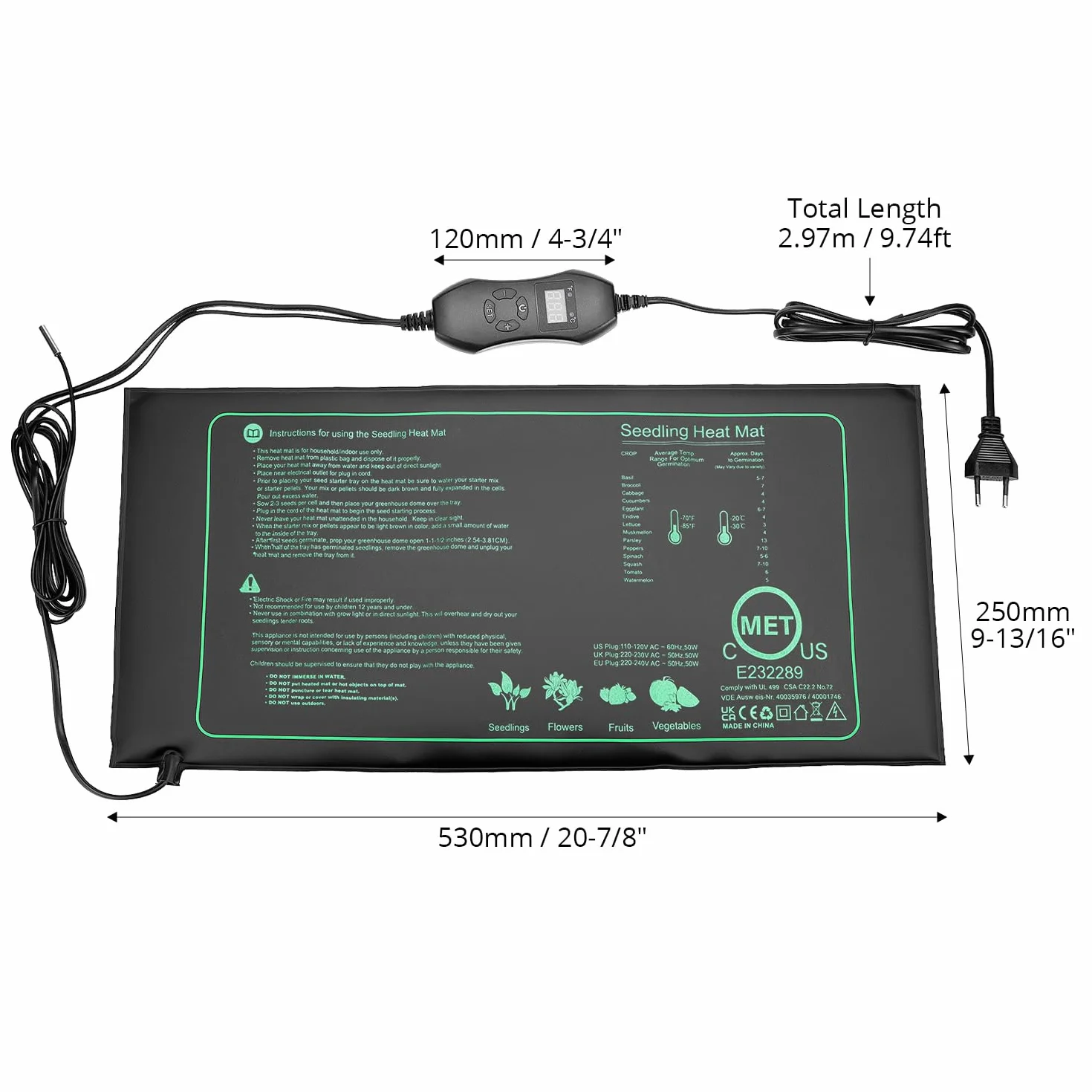 QWORK® mata grzewcza z termostatem, mata grzewcza do roślin, 50 W, 20 ℃ ~ 45 ℃, mata grzewcza, do szklarni wewnętrznej, tarasu, akwarium, gad