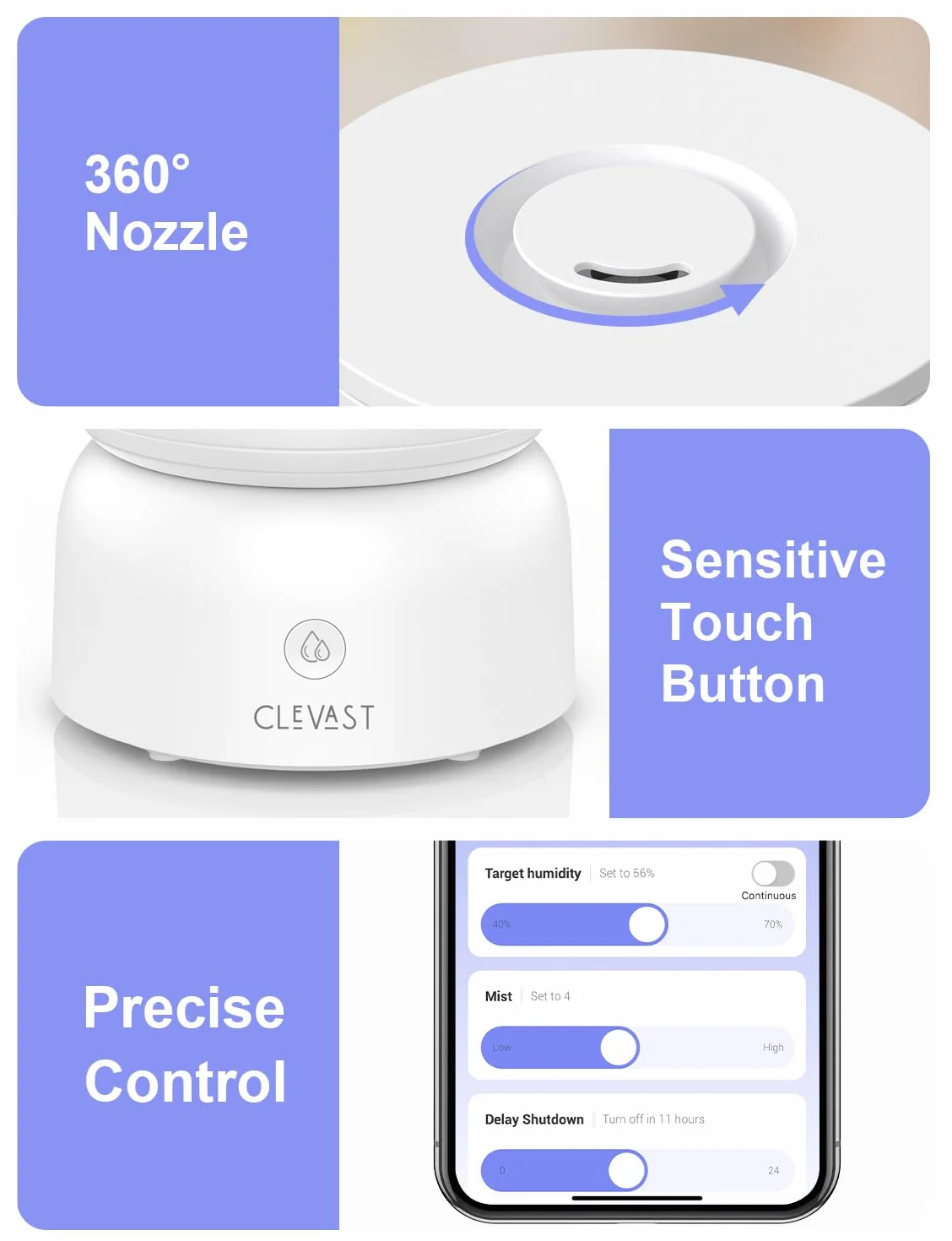 CLEVAST nawilżacze do sypialni, Top Fill 3L Cool Mist Cichy ultradźwiękowy nawilżacz z dyfuzorem olejków eterycznych, Wi-Fi Nawilżacz powietrza dla dziecka, kontrola wilgotności, praca z Alexą