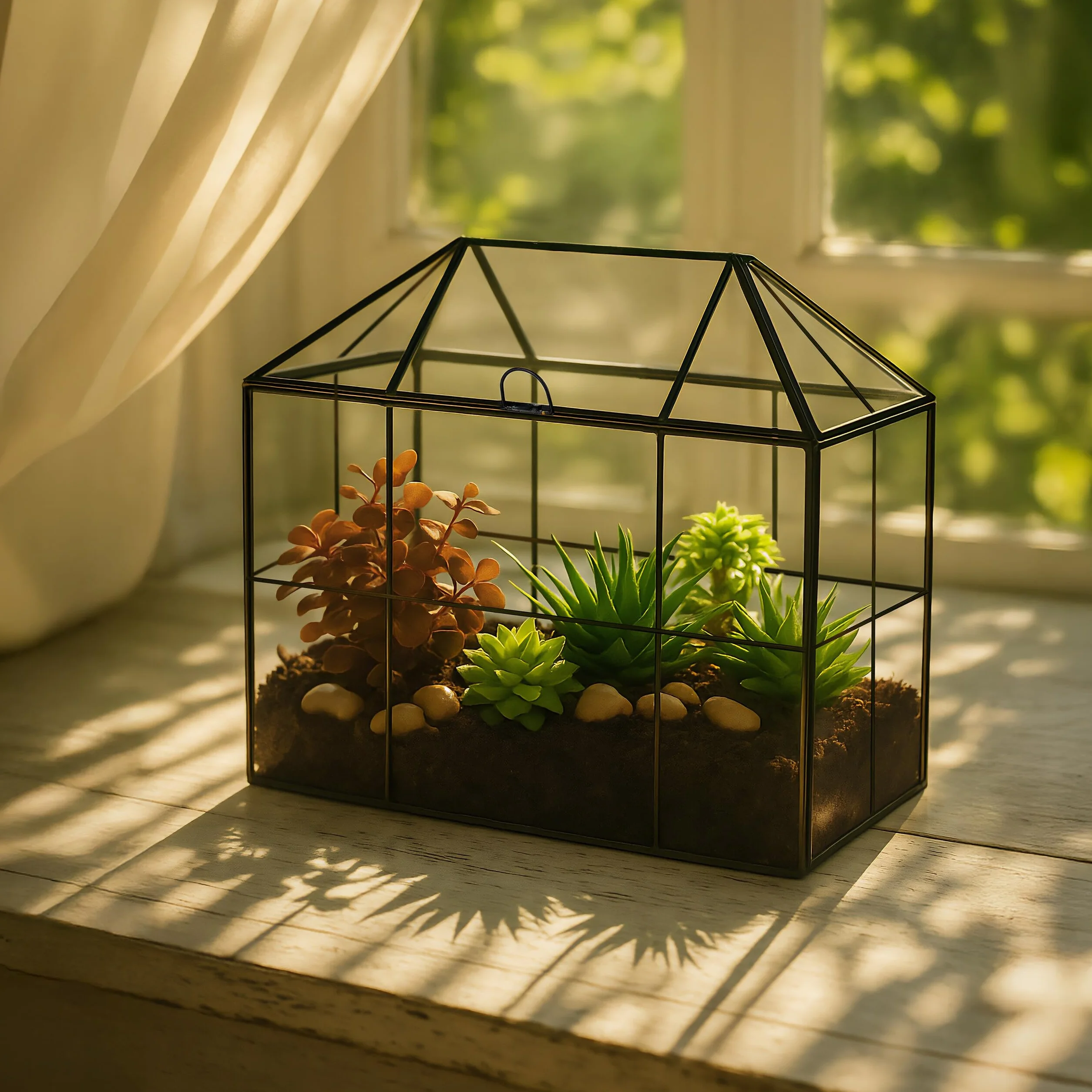 Relaxdays Terrarium roślinne, szkło i miedź, 27 x 30 x 15 cm, dekoracyjny szklany domek kaktusy i mech, szklana skrzynka na parapet, czarna