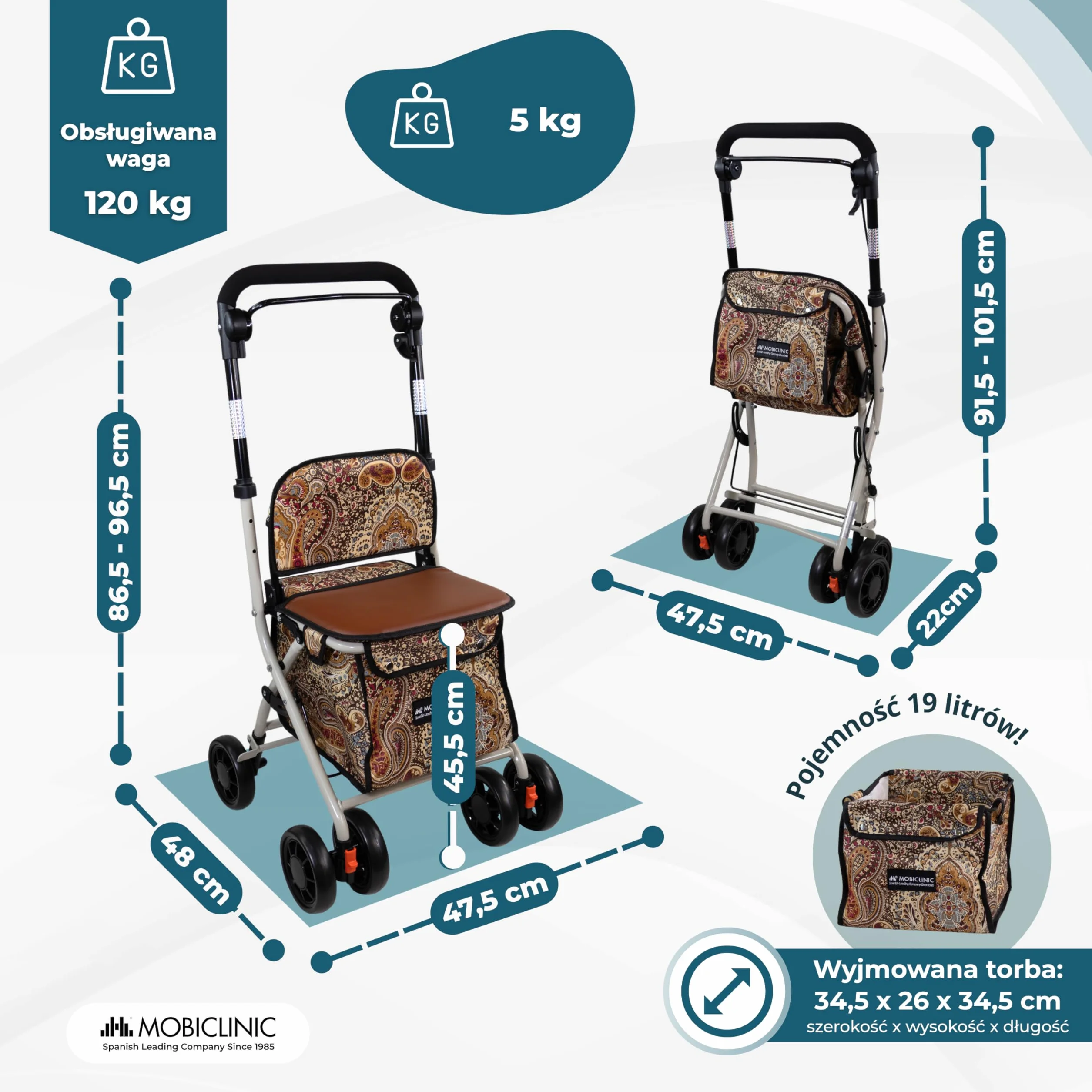 Mobiclinic®, Wózek Spacerowy Składany, Wózek na Zakupy z Siedziskiem, 21 L, Chodzik, Pojedyncza Dźwignia, Stal, Duży Kosz, Oparcie i Wyściółka, System Hamowania, Koła 360º, Coliseo