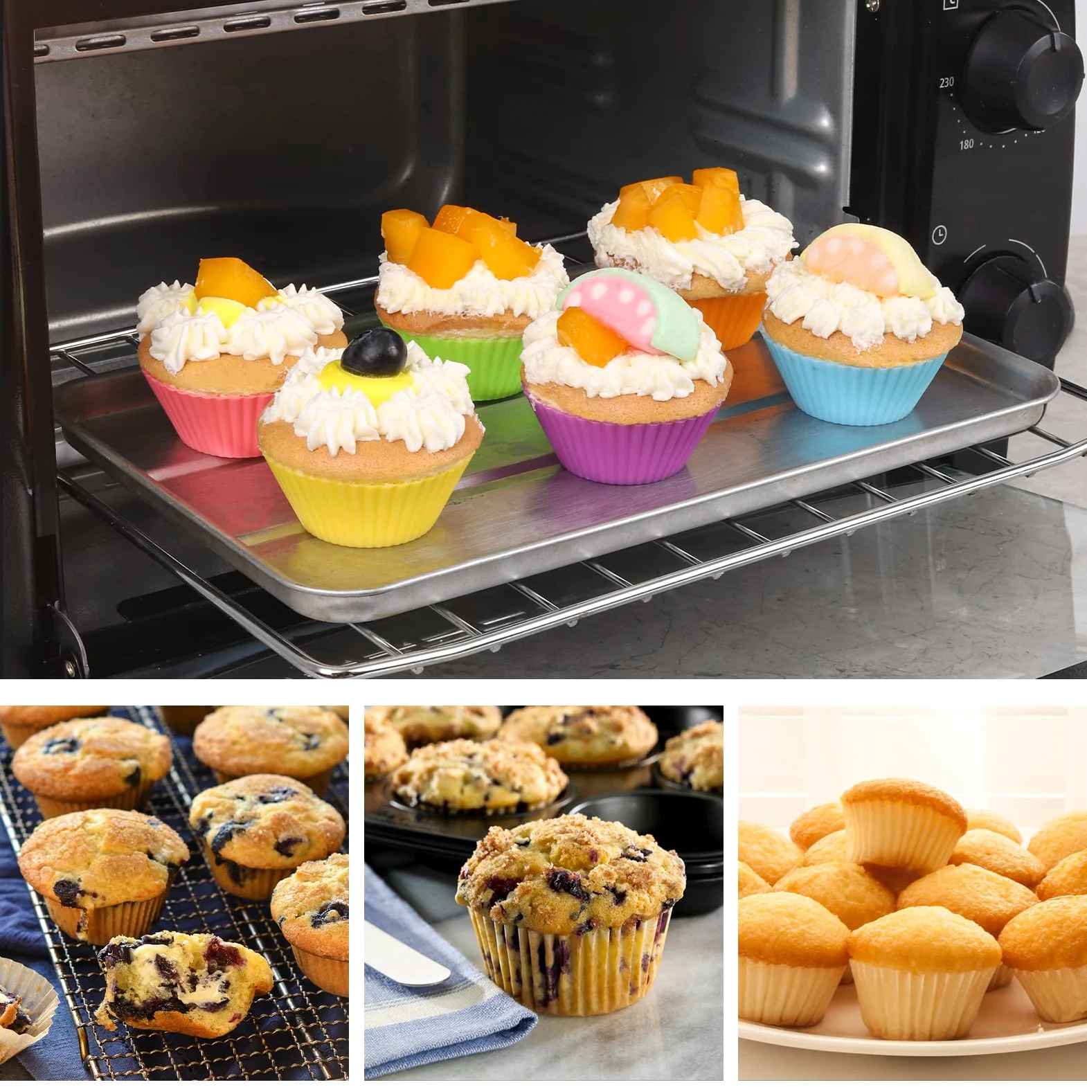 SUPER KITCHEN 24 Sztuk Mini Silikonowych Filiżanek do Pieczenia; Nieprzywierające, Wielorazowe Papilotki na Babeczki i Muffiny do Piekarnika i Frytownicy Powietrzne