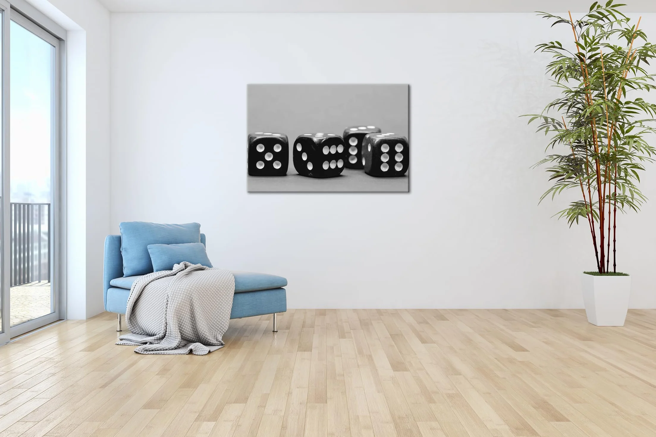 deyoli Kwadratowa kostka do gry, format: 75 x 50 cm, efekt: czarny/biały jako obraz na płótnie, motyw oprawiony na ramie z prawdziwego drewna, wysokiej jakości druk cyfrowy z ramą