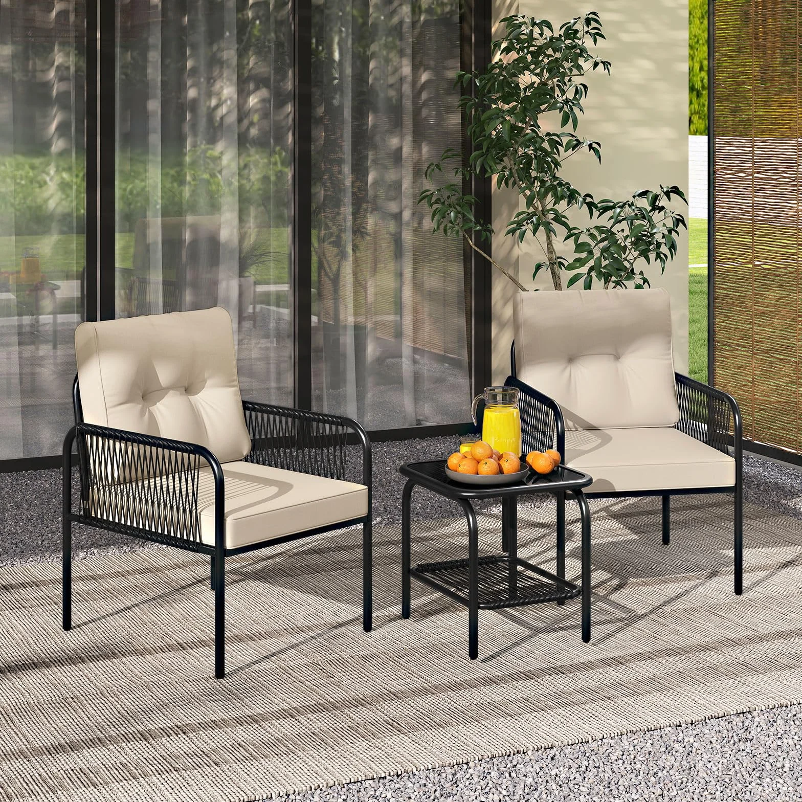 GIANTEX 2-osobowy rattan ogrodowy stół ogrodowy z 2 krzesłami podłokietnikowymi, 4 zdejmowane poduszki, stolik kawowy z półką, blat ze szkła hartowanego, na balkon, taras