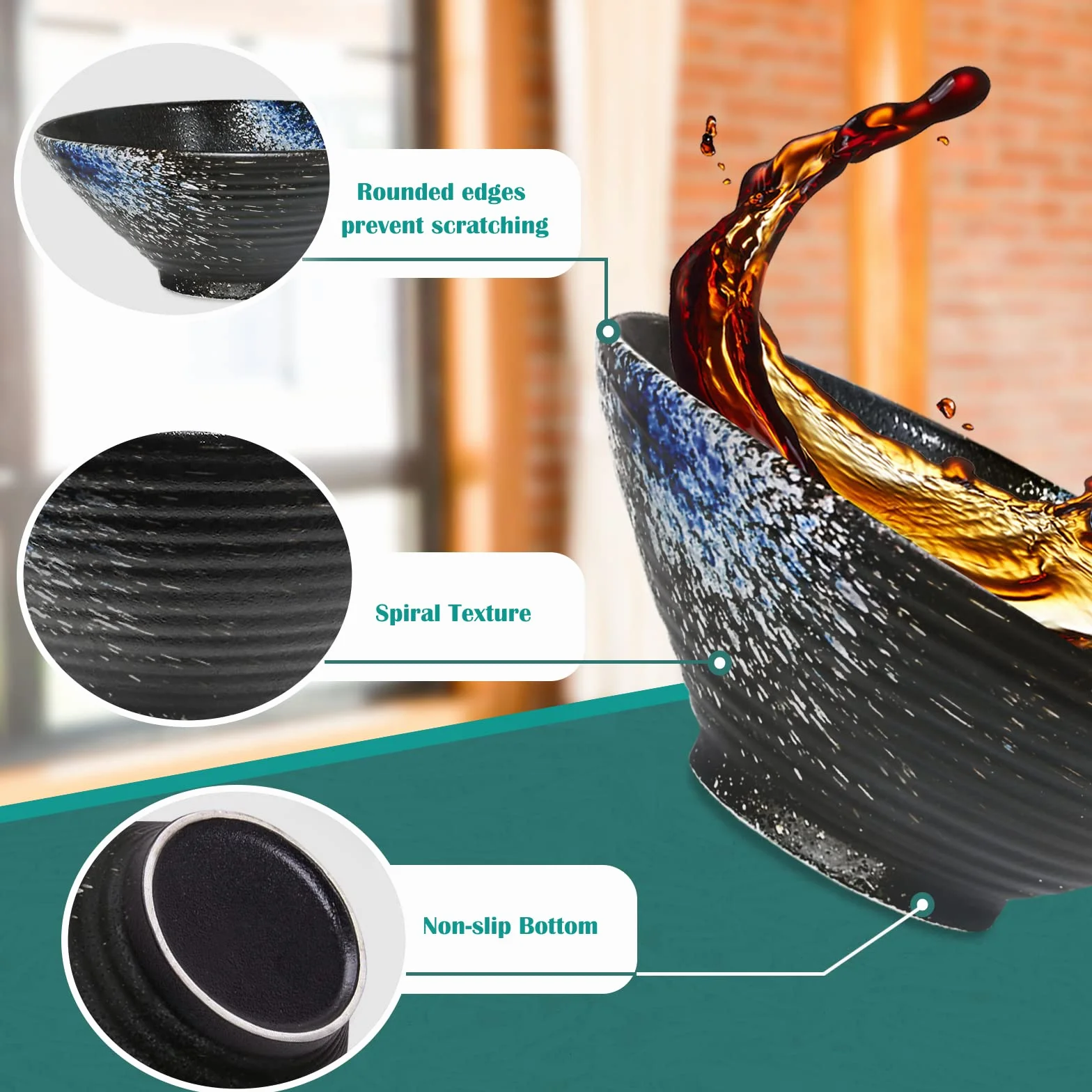 Ramen Bowl Ceramic, 2 zestawy (6 sztuk) Ramen Bowl z łyżkami i patyczkami, bezsaskową japońskie potrawy do ramen, sałatki, musli, 1000 ml, 20 x 20 x 9 cm