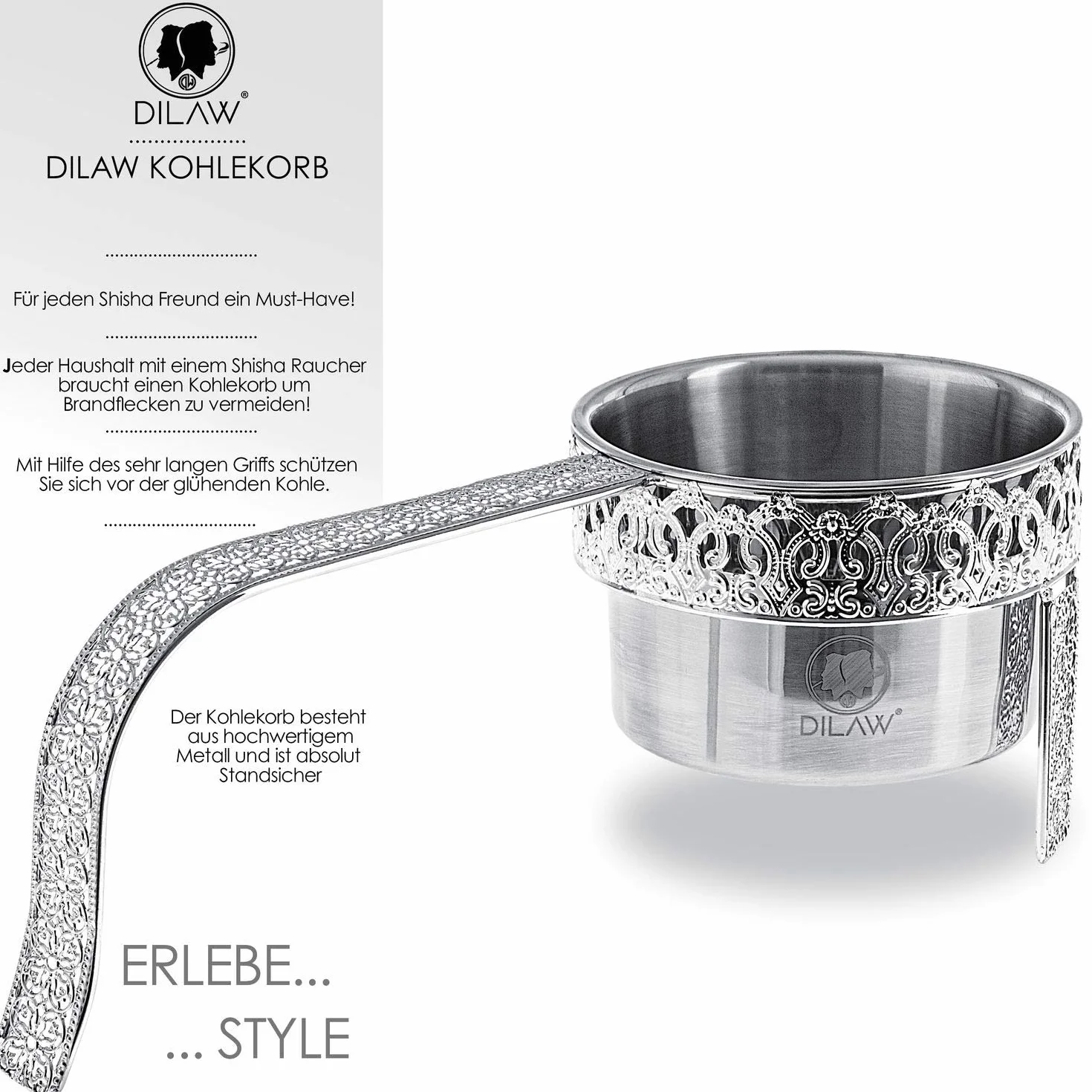 DILAW® Koszyk na węgielki do shishy, Oriental płaski pojemnik na węgielki do shishy, grill i węgiel, kosz na węgiel drzewny, z uchwytem zabezpieczającym, akcesoria Hookah, kolor: srebrny