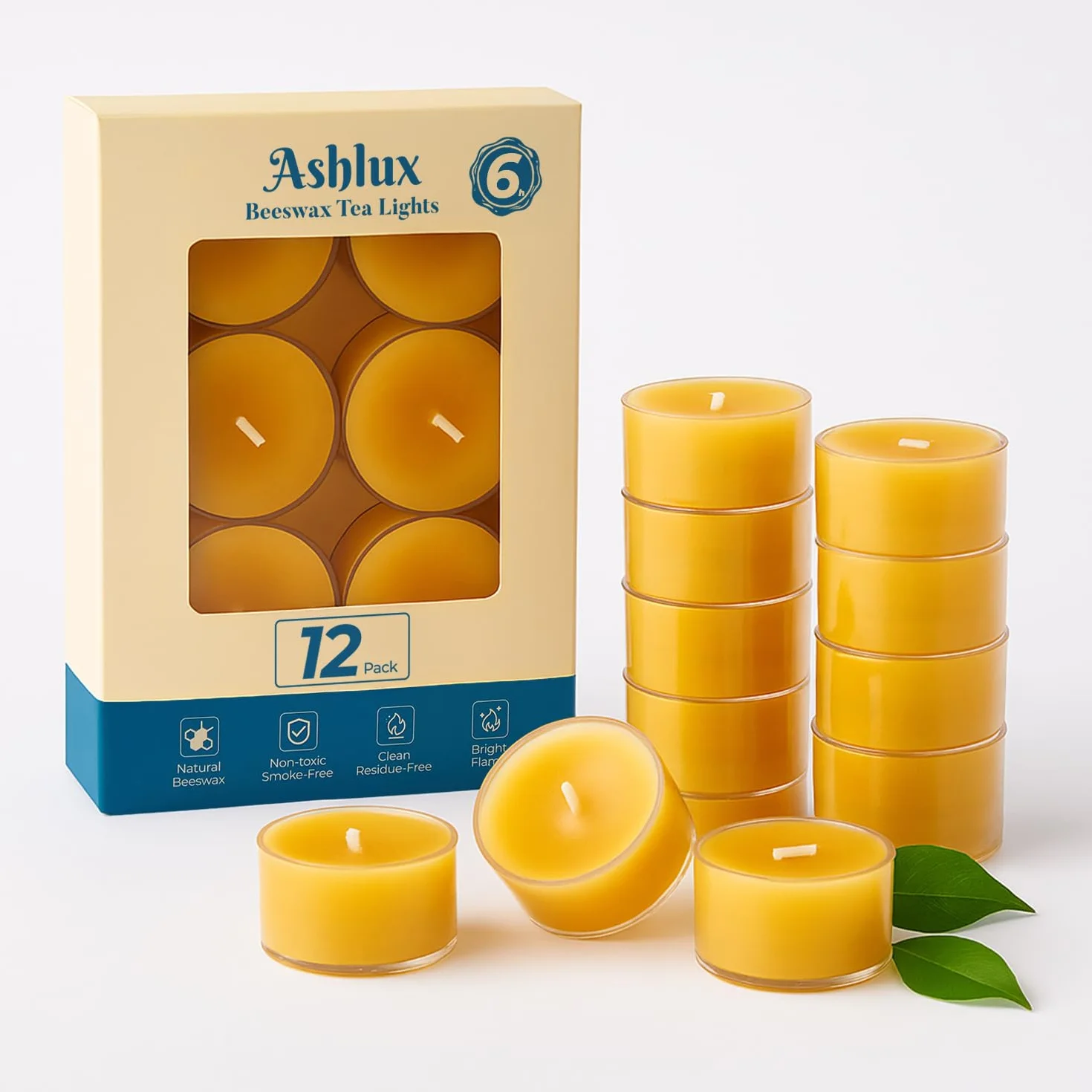 Ashlux Świece z wosku pszczelego – 12 sztuk, 100% czysty wosk pszczeli, czas palenia 6 godzin, bez dymu i nie kapią, żółte, na wesele, imprezę i do domu